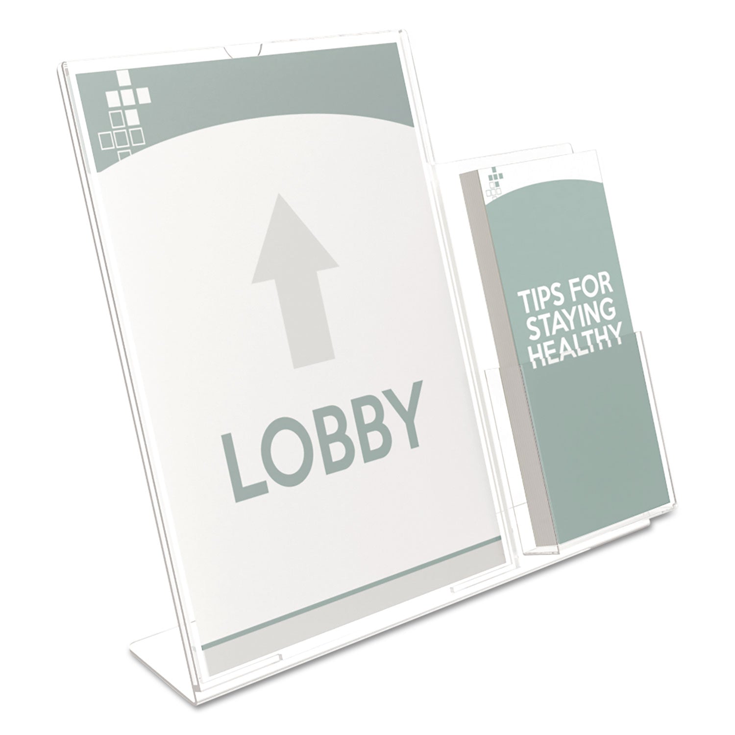 Superior Image Slanted Sign Holder with Side Pocket, 13.5w x 4.25d x 10.88h, Clear - 