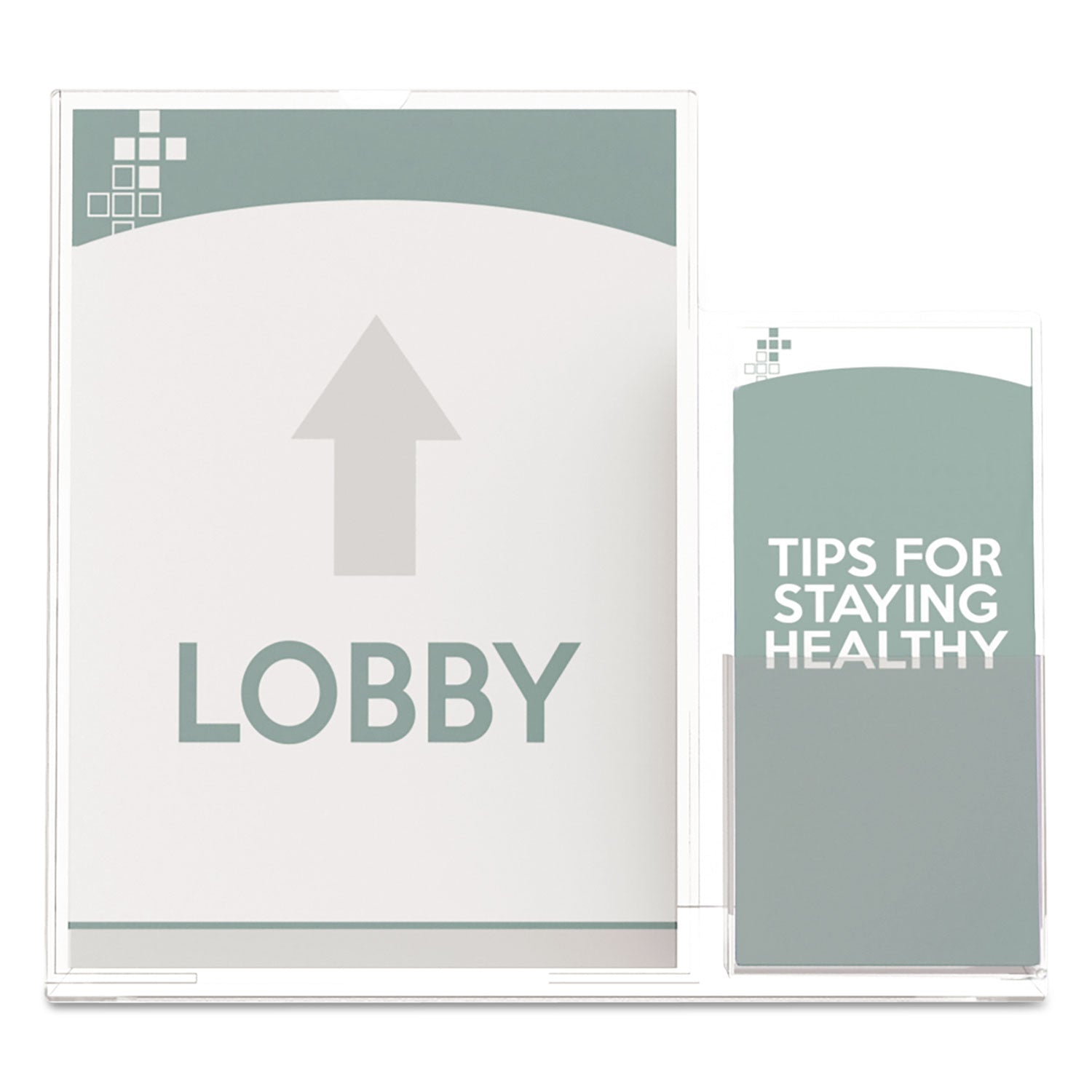 Superior Image Slanted Sign Holder with Side Pocket, 13.5w x 4.25d x 10.88h, Clear - 