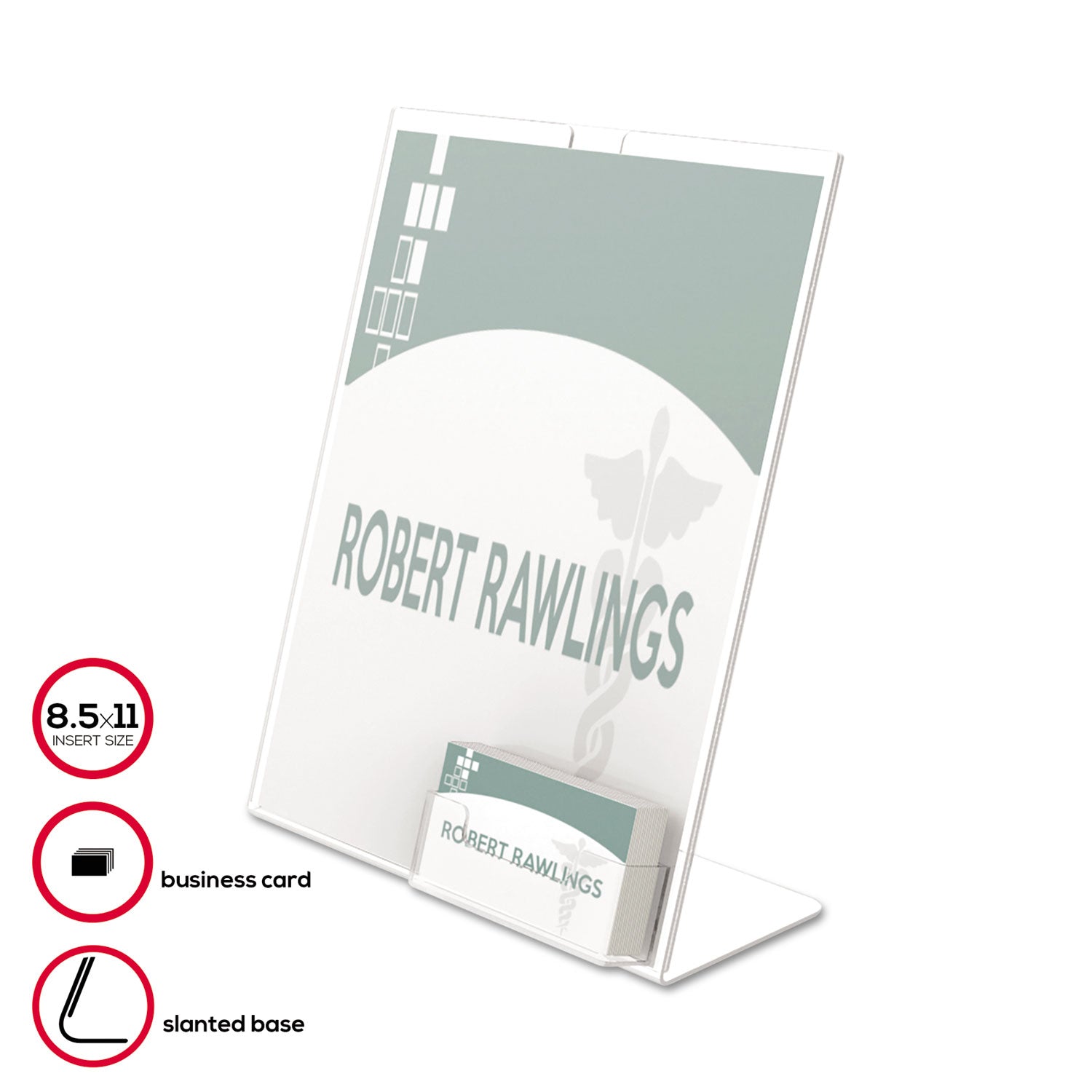 Superior Image Slanted Sign Holder with Business Card Holder, 8.5w x 4.5d x 11h, Clear - 