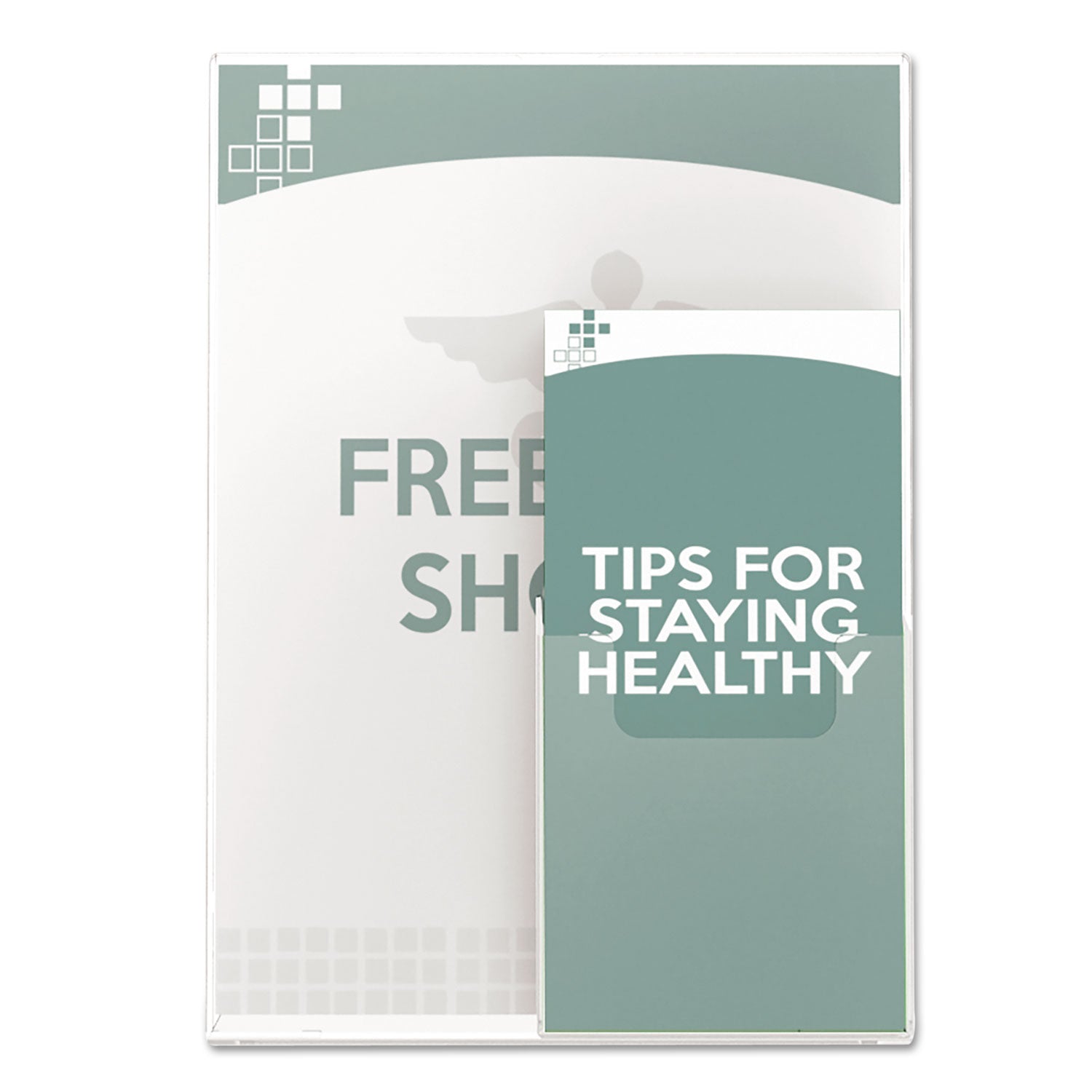 Superior Image Slanted Sign Holder with Front Pocket, 9w x 4.5d x 10.75h, Clear - 