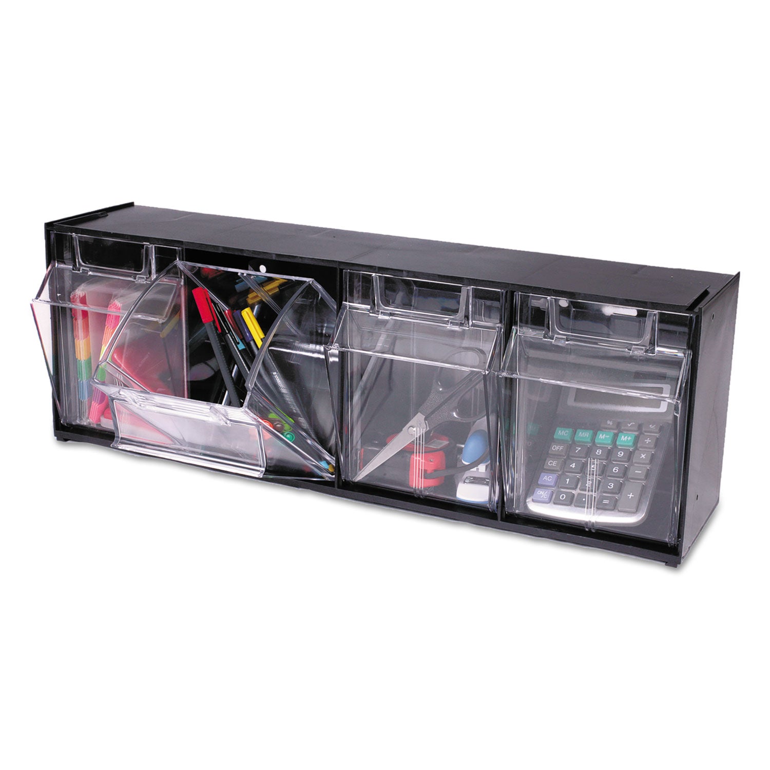 Tilt Bin Interlocking Multi-Bin Storage Organizer, 4 Sections, 23.63" x 6.63" x 8.13", Black/Clear - 