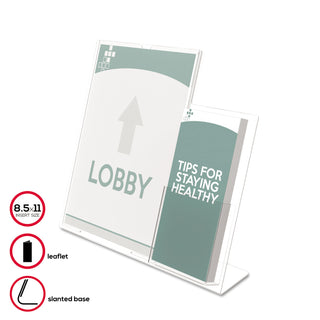 Superior Image Slanted Sign Holder with Side Pocket, 13.5w x 4.25d x 10.88h, Clear - 