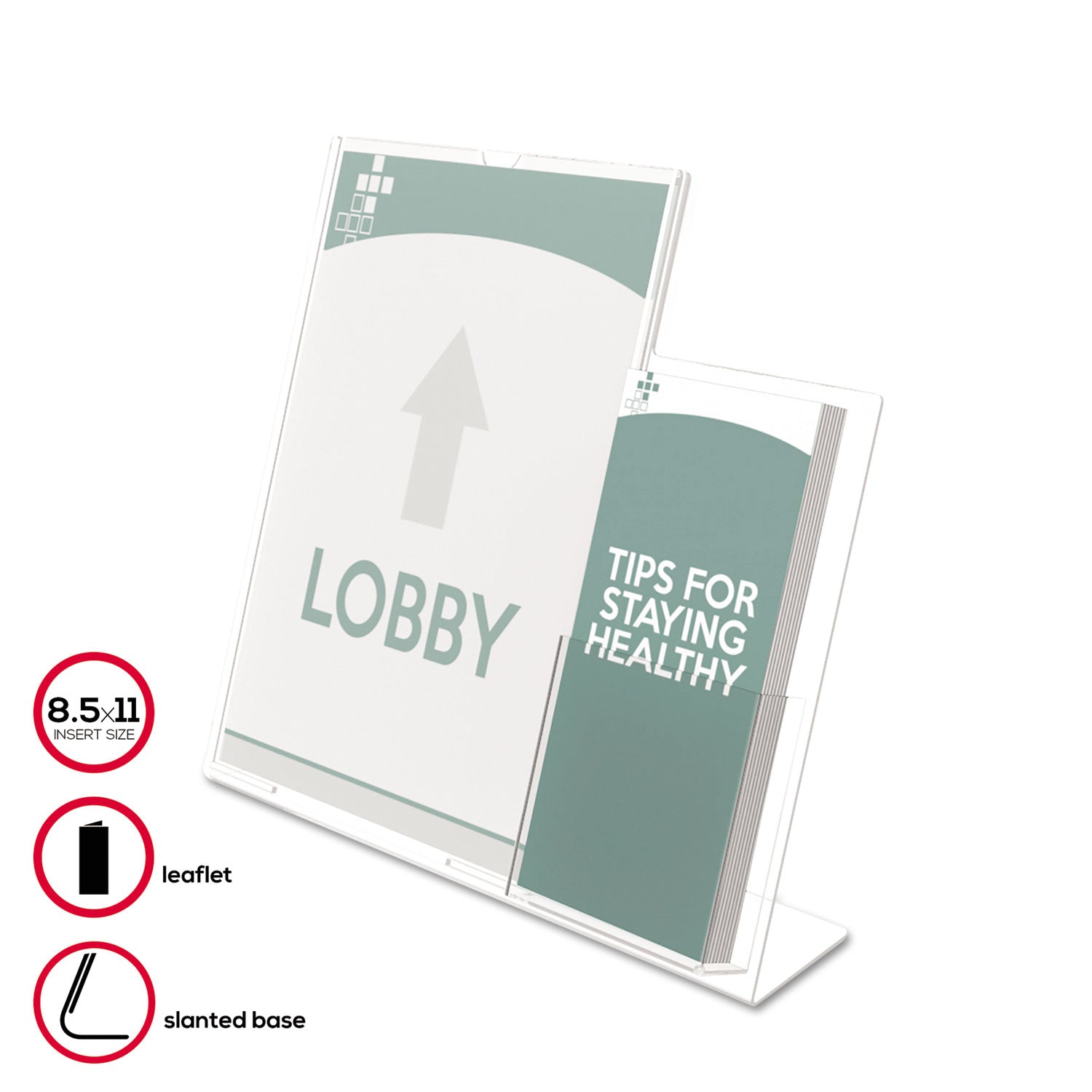 Superior Image Slanted Sign Holder with Side Pocket, 13.5w x 4.25d x 10.88h, Clear - 