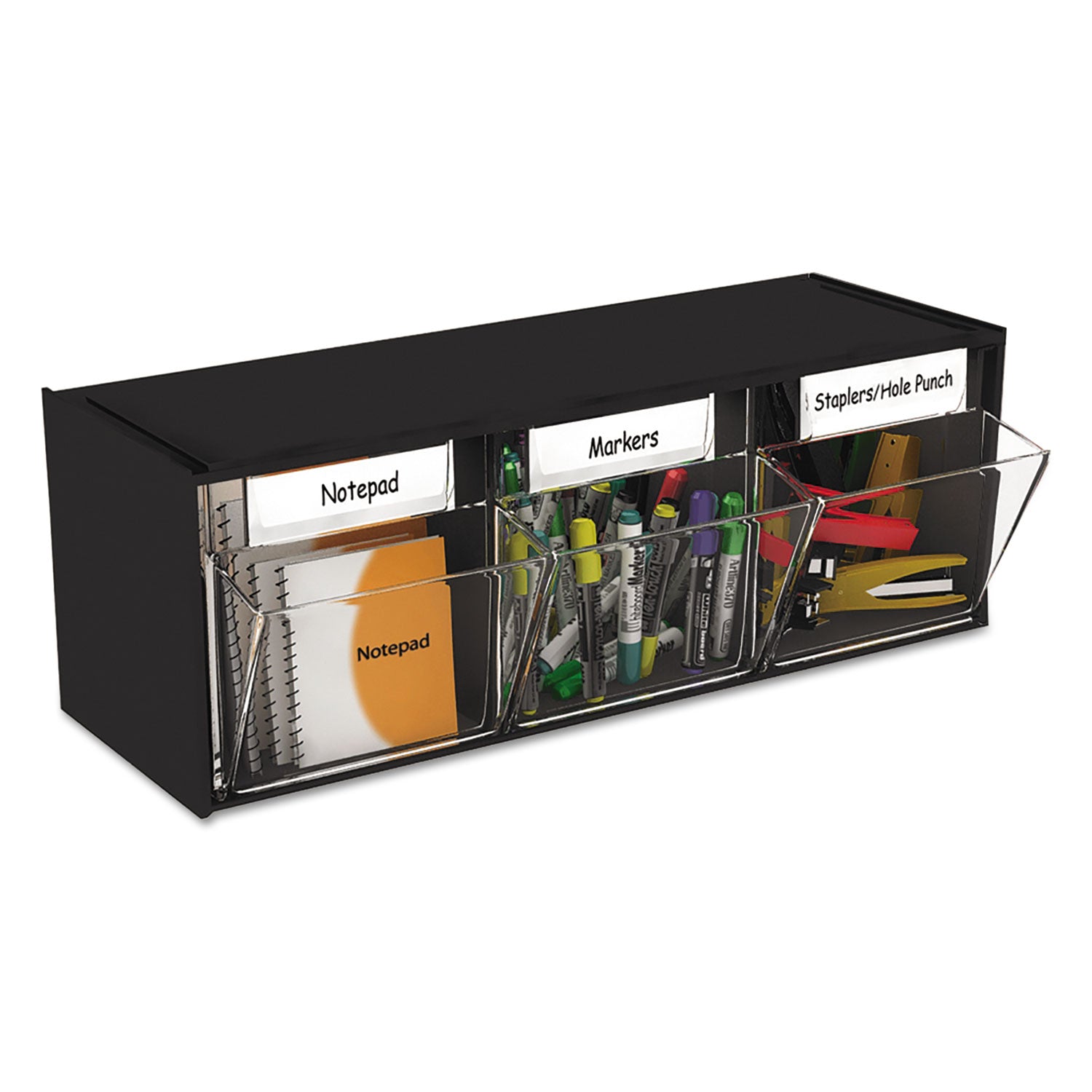 Tilt Bin Interlocking Multi-Bin Storage Organizer, 3 Sections, 23.63" x 7.75" x 9.5", Black/Clear - 