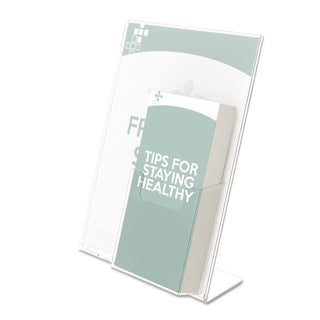 Superior Image Slanted Sign Holder with Front Pocket, 9w x 4.5d x 10.75h, Clear - 