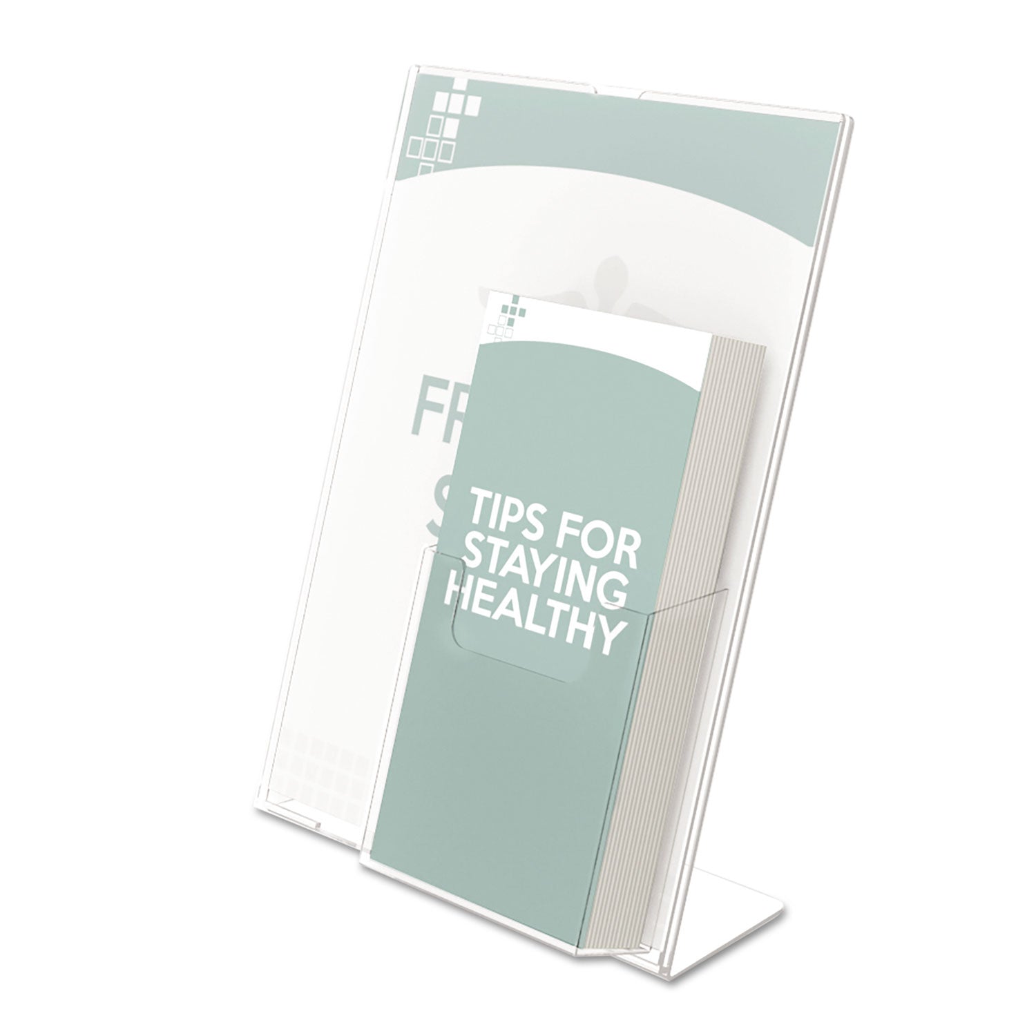 Superior Image Slanted Sign Holder with Front Pocket, 9w x 4.5d x 10.75h, Clear - 