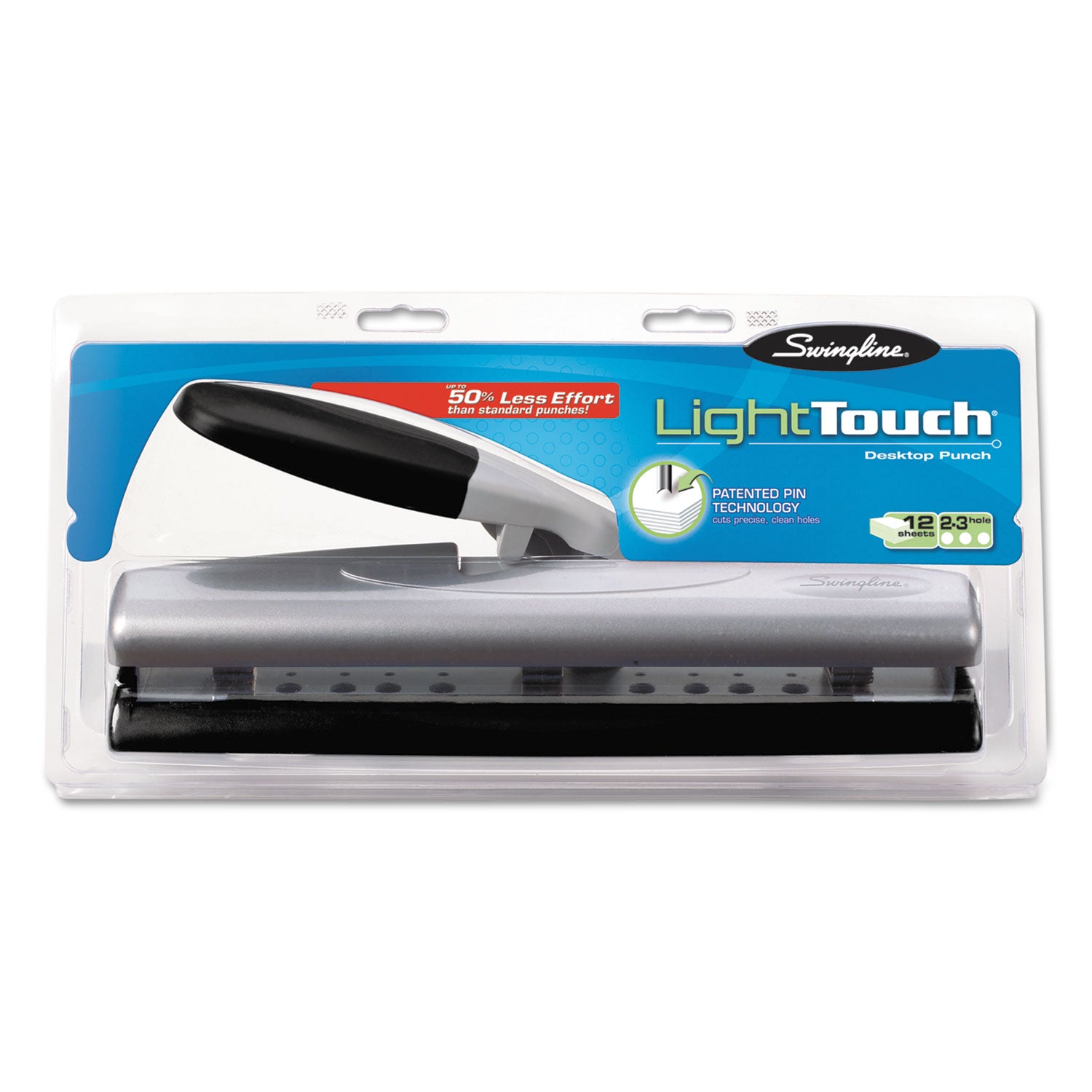 12-Sheet LightTouch Desktop Two- to Three-Hole Punch, 9/32" Holes, Black/Silver - 