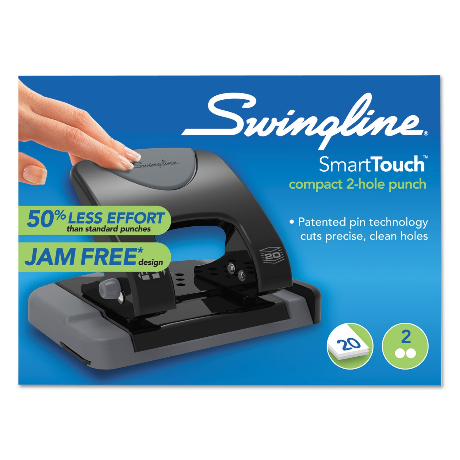 20-Sheet SmartTouch Two-Hole Punch, 9/32" Holes, Black/Gray - 