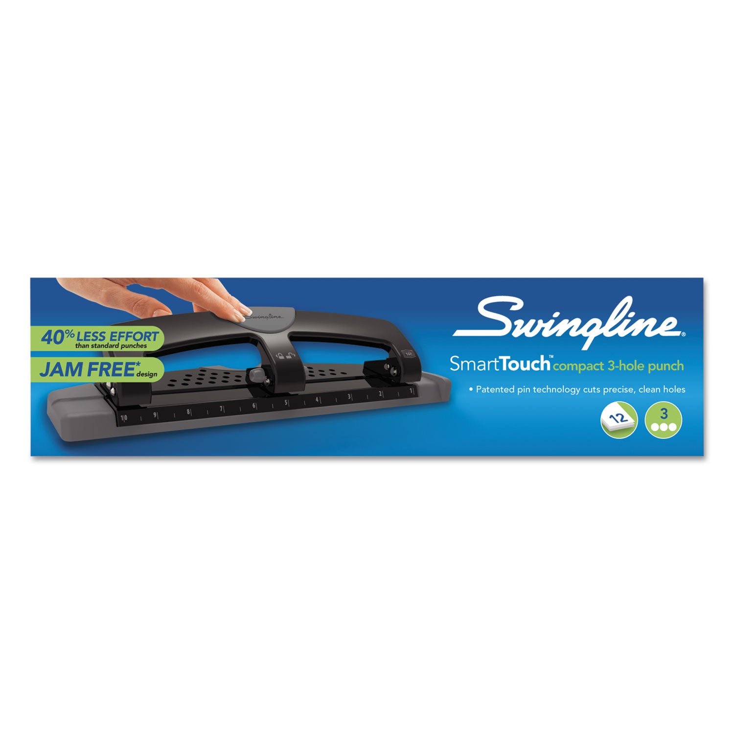 12-Sheet SmartTouch Three-Hole Punch, 9/32" Holes, Black/Gray