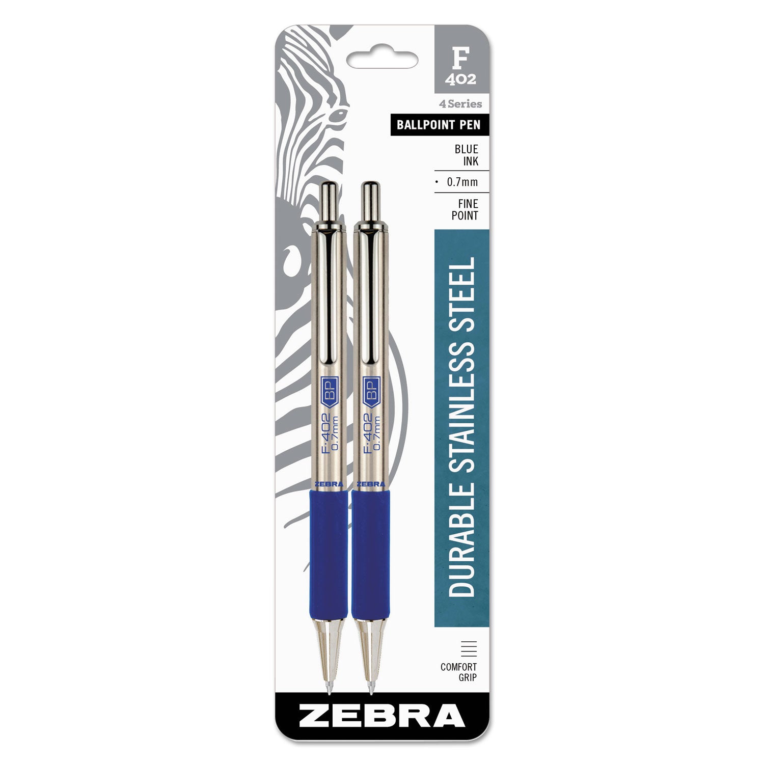 F-402 Ballpoint Pen, Retractable, Fine 0.7 mm, Blue Ink, Stainless Steel/Blue Barrel, 2/Pack - 