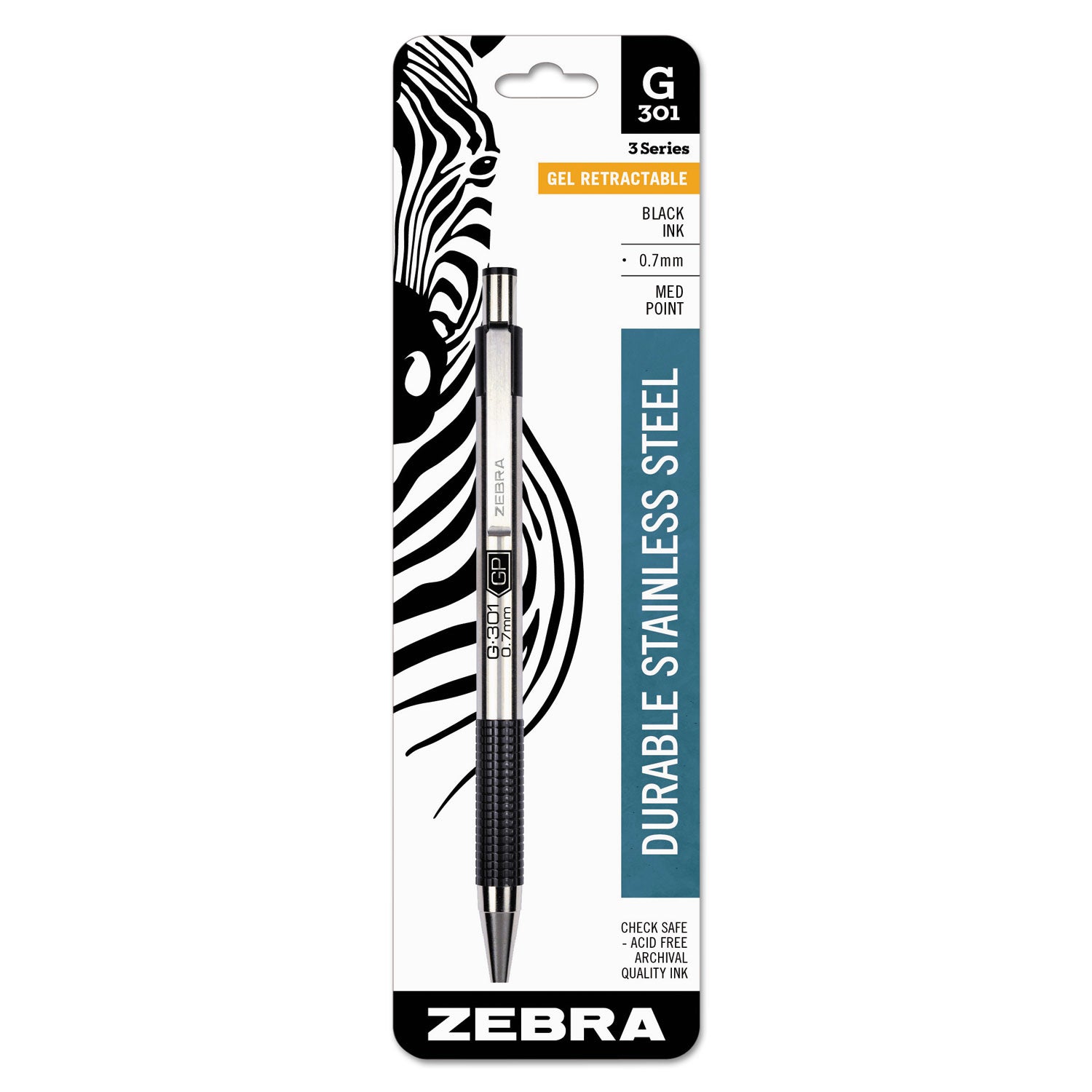 G-301 Gel Pen, Retractable, Medium 0.7 mm, Black Ink, Stainless Steel/Black Barrel - 