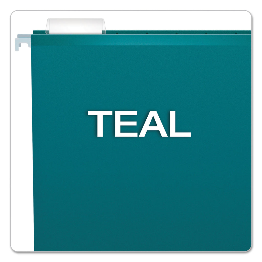 Colored Reinforced Hanging Folders, Letter Size, 1/5-Cut Tabs, Teal, 25/Box - 