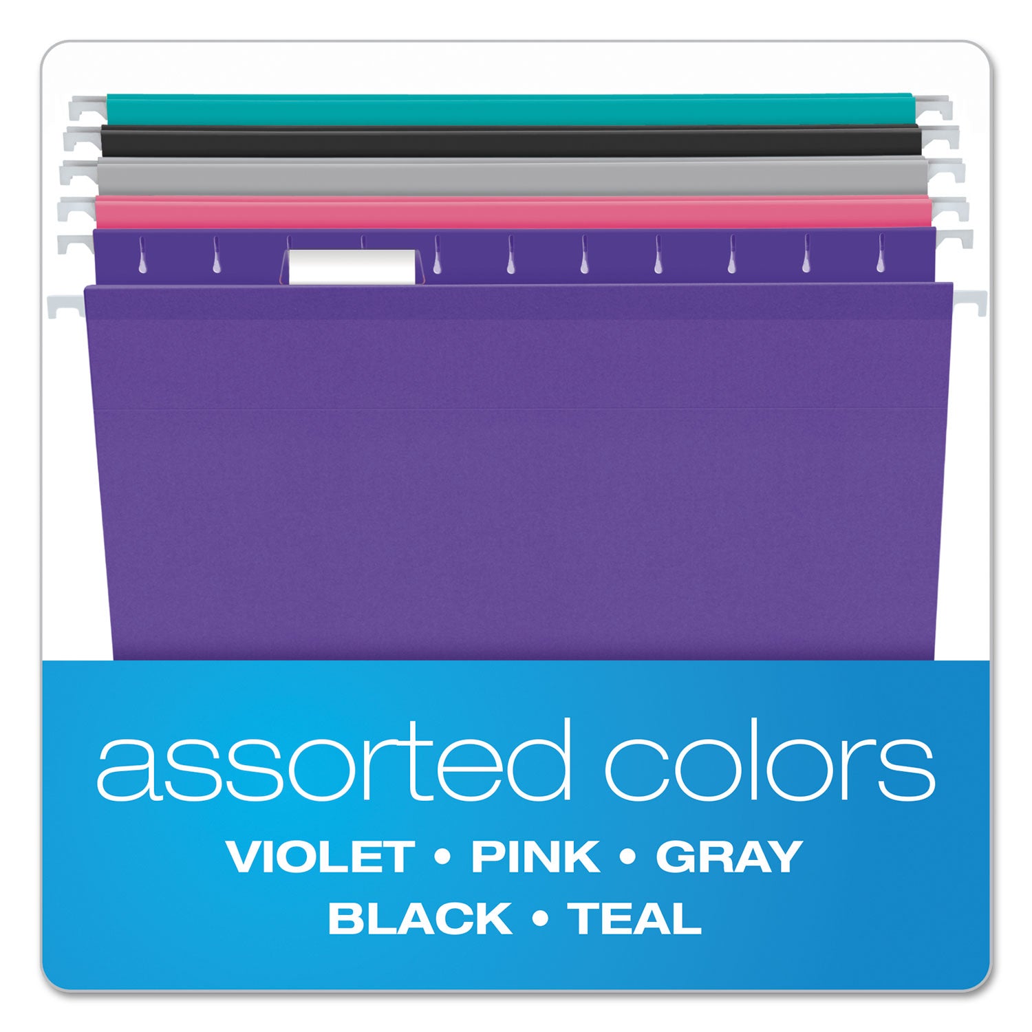 Colored Reinforced Hanging Folders, Letter Size, 1/5-Cut Tabs, Assorted Bold Colors, 25/Box - 
