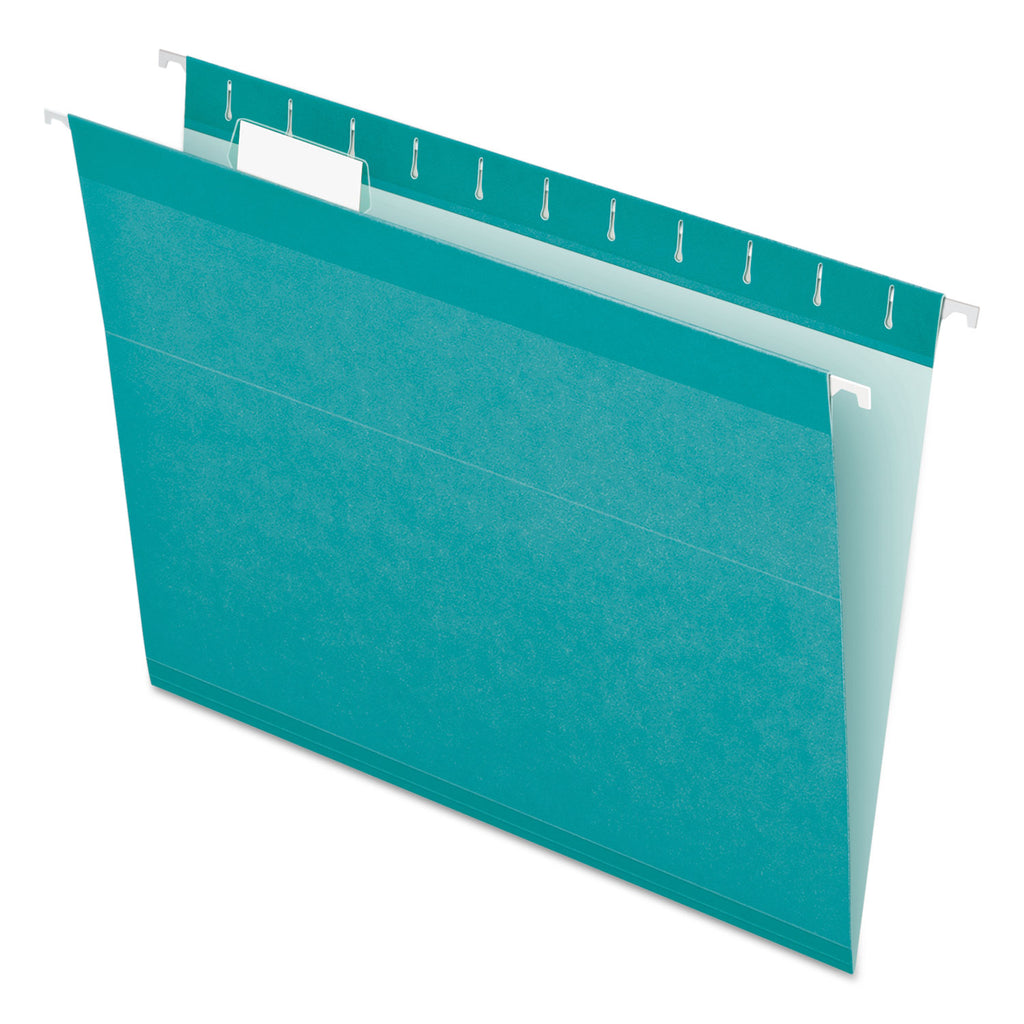 Colored Reinforced Hanging Folders, Letter Size, 1/5-Cut Tabs, Aqua, 25/Box - 