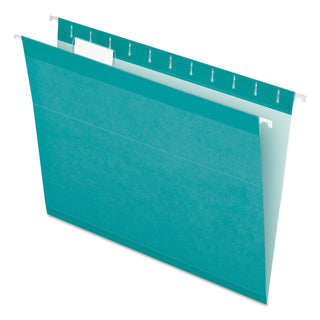 Colored Reinforced Hanging Folders, Letter Size, 1/5-Cut Tabs, Aqua, 25/Box - 
