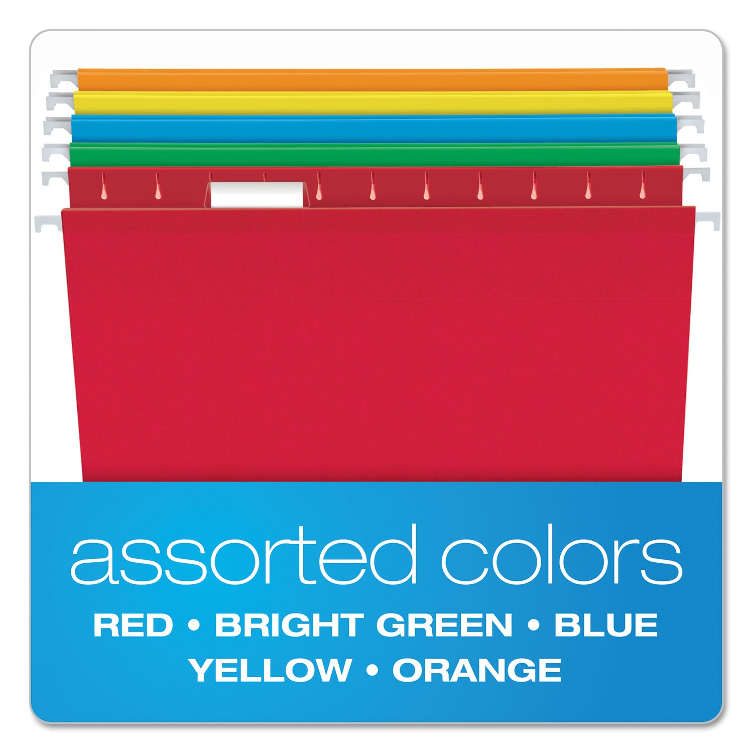Colored Reinforced Hanging Folders, Letter Size, 1/5-Cut Tabs, Assorted Bright Colors, 25/Box - 
