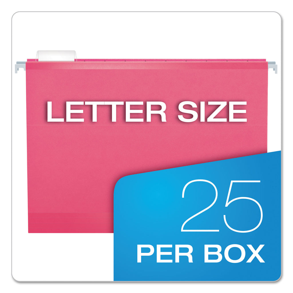 Colored Reinforced Hanging Folders, Letter Size, 1/5-Cut Tabs, Pink, 25/Box - 
