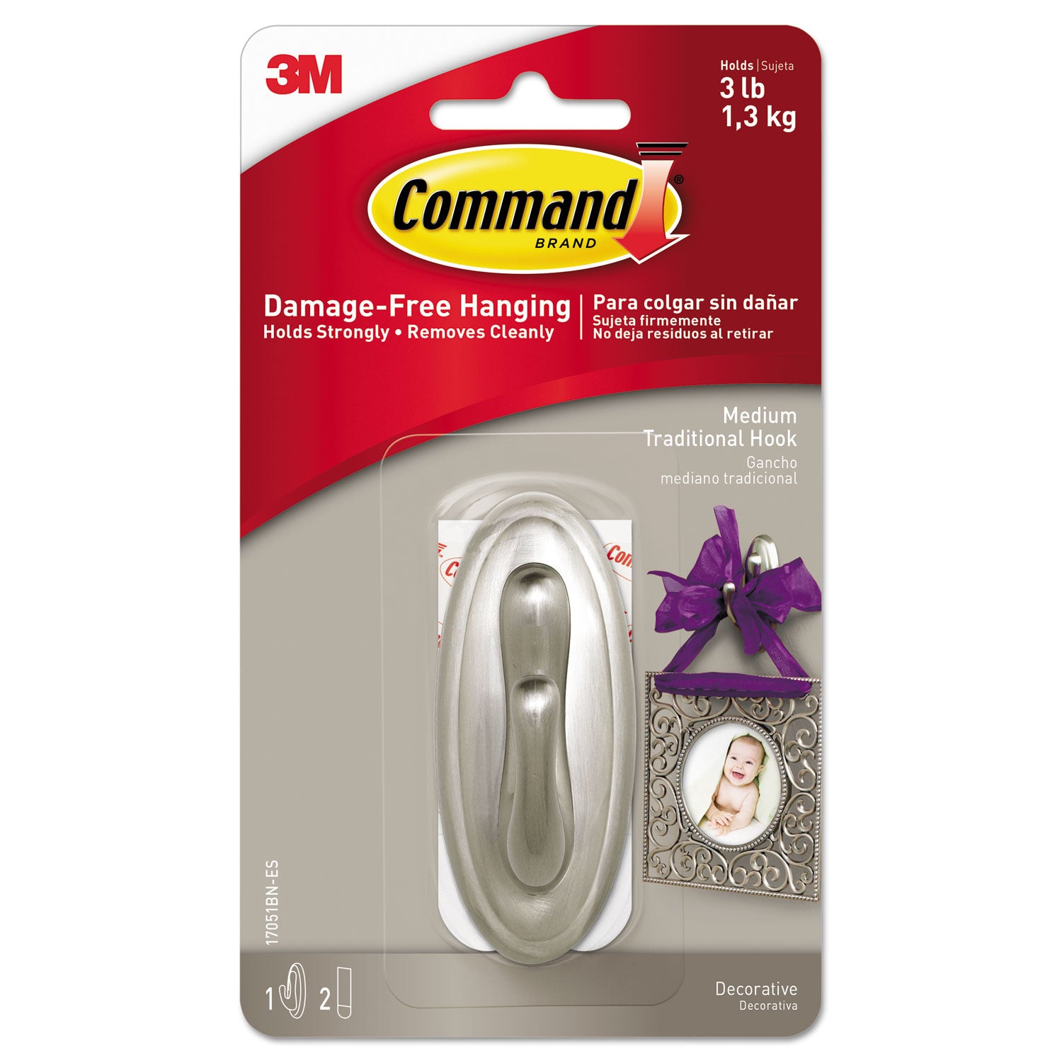 decorative-hooks-traditional-medium-plastic-brushed-nickel-3-lb-capacity-1-hook-and-2-strips-pack_mmm17051bnes - 1