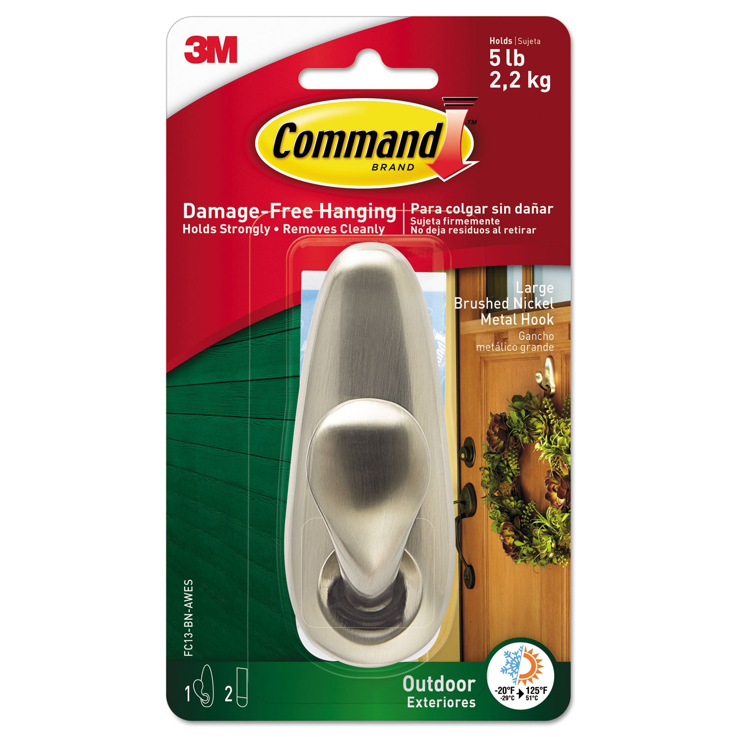 all-weather-hooks-and-strips-large-metal-brushed-nickel-5-lb-capacity-1-hook-and-2-strips_mmmfc13bnawes - 1