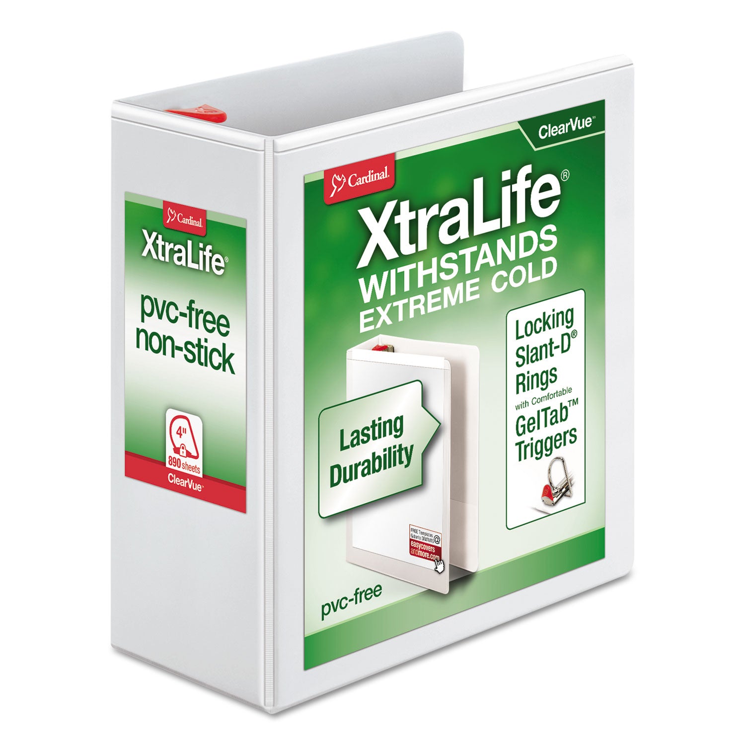 XtraLife ClearVue Non-Stick Locking Slant-D Ring Binder, 3 Rings, 4" Capacity, 11 x 8.5, White - 