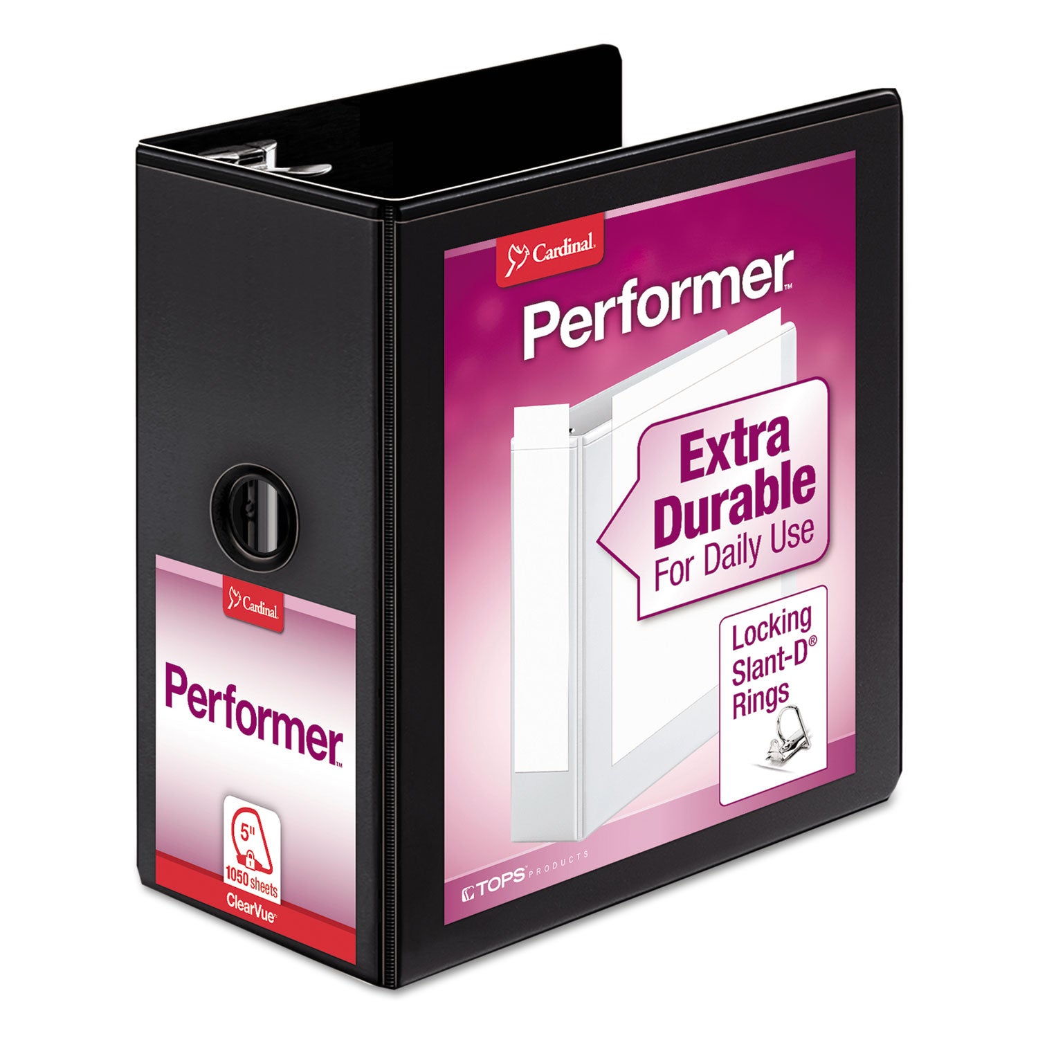 Performer ClearVue Slant-D Ring Binder, 3 Rings, 5" Capacity, 11 x 8.5, Black - 