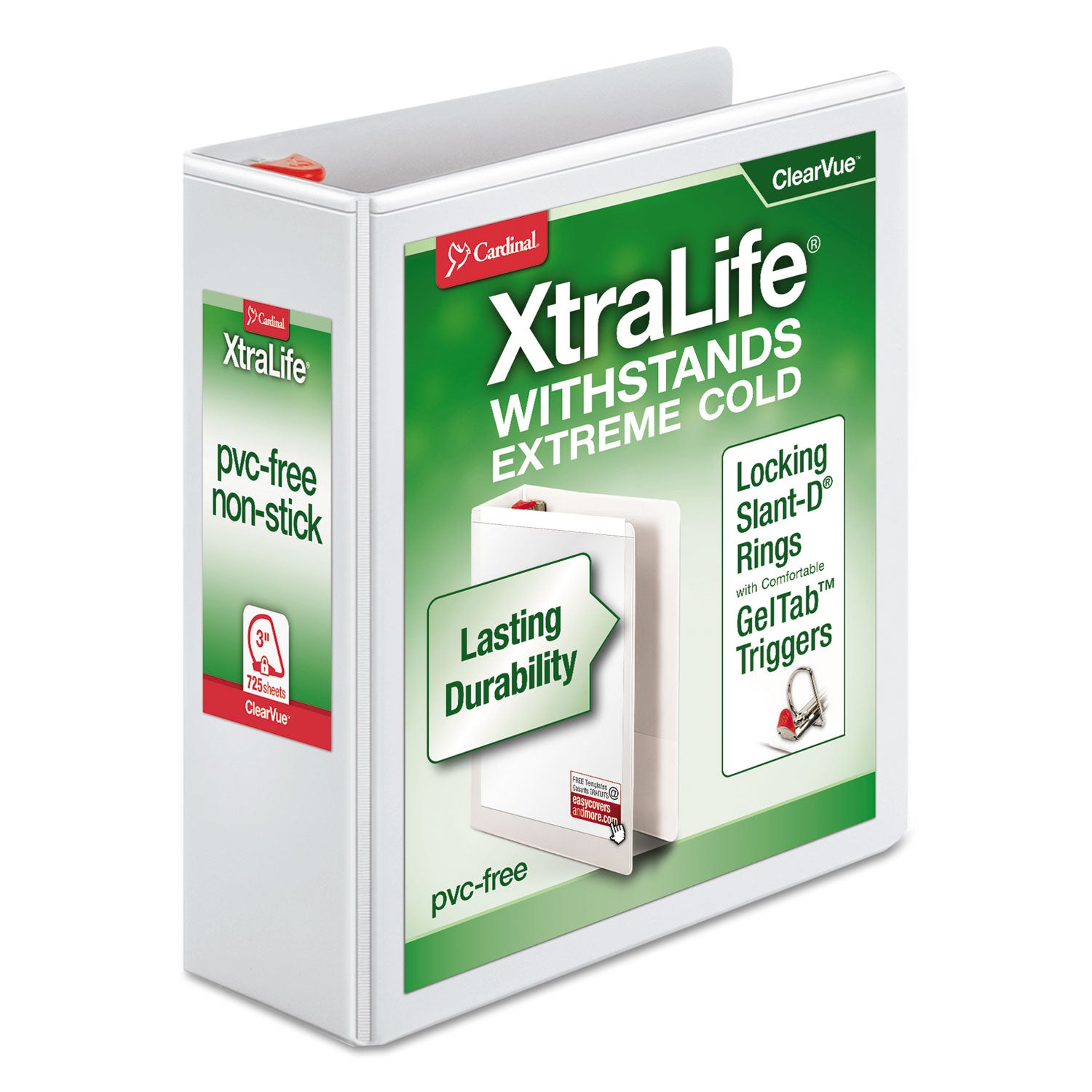 XtraLife ClearVue Non-Stick Locking Slant-D Ring Binder, 3 Rings, 3" Capacity, 11 x 8.5, White - 