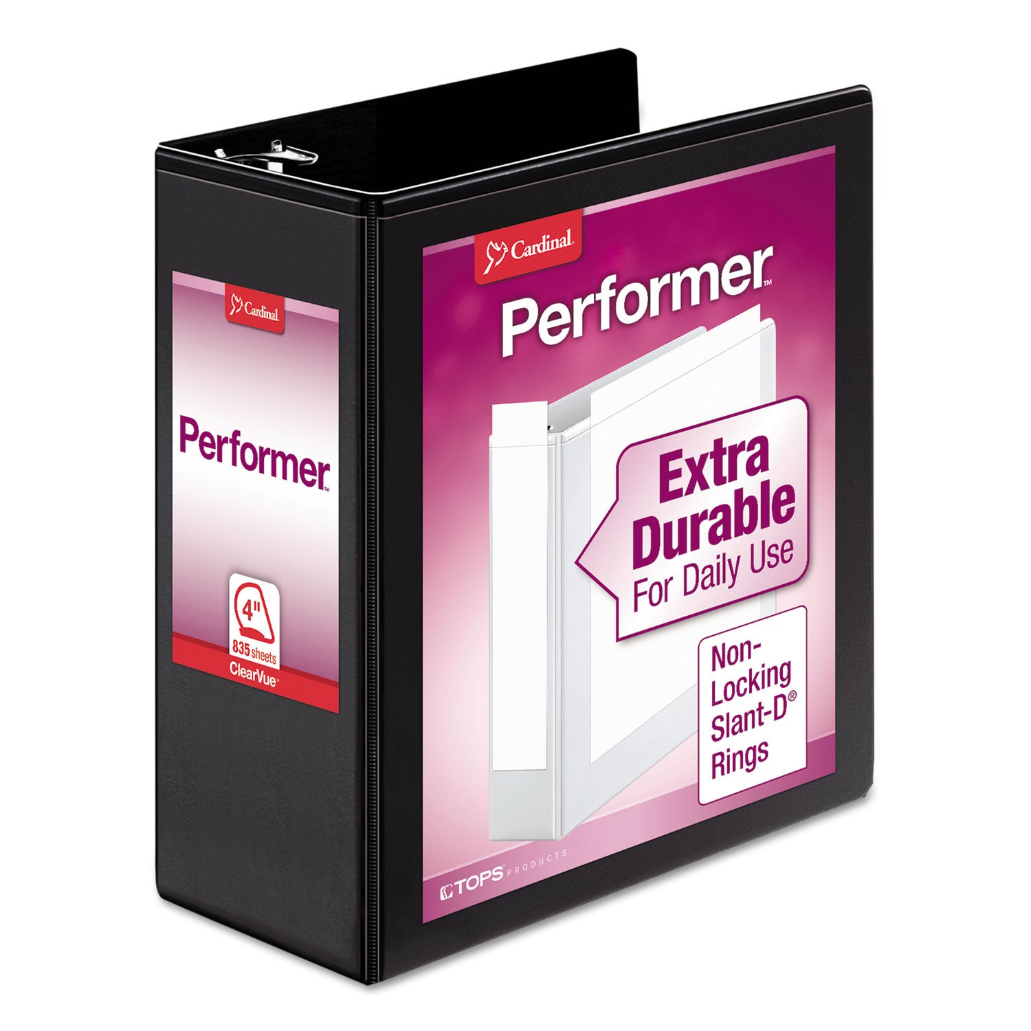 Performer ClearVue Slant-D Ring Binder, 3 Rings, 4" Capacity, 11 x 8.5, Black - 