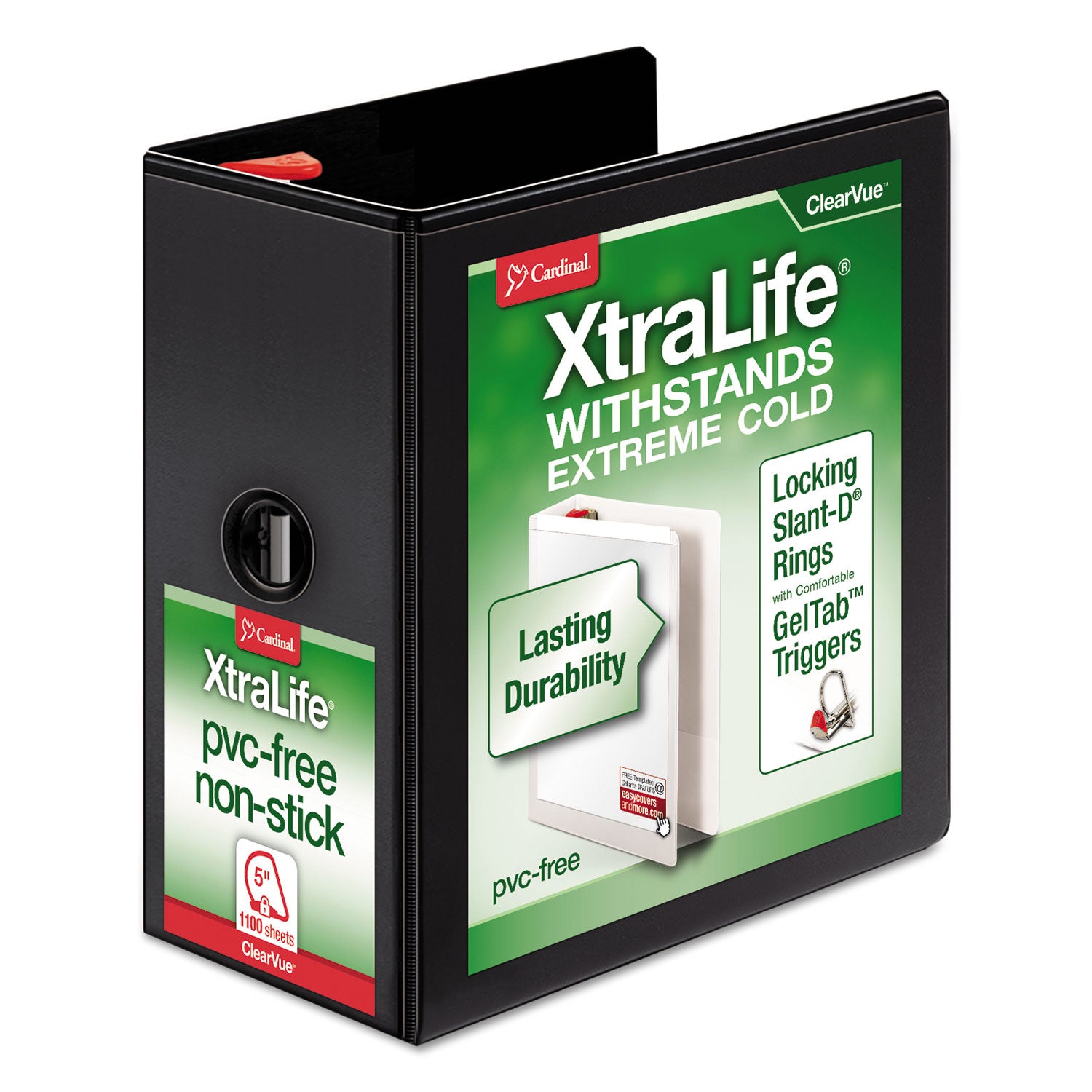 XtraLife ClearVue Non-Stick Locking Slant-D Ring Binder, 3 Rings, 5" Capacity, 11 x 8.5, Black - 