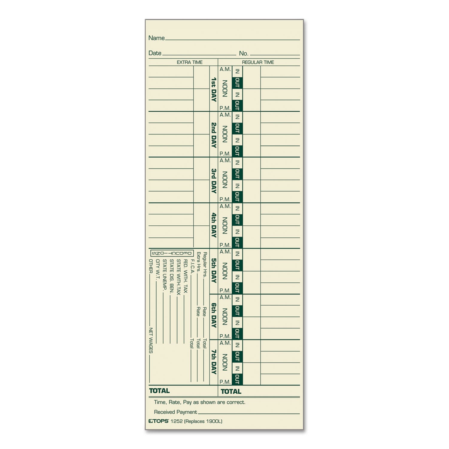 Time Clock Cards, Replacement for 1900L, One Side, 3.5 x 9, 500/Box - 