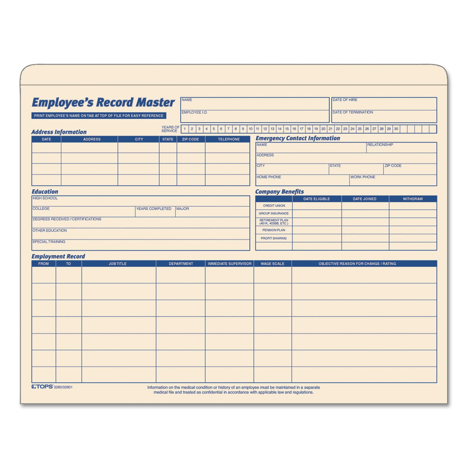 Employee Record Master File Jacket, Straight Tab, Letter Size, Manila, 20/Pack - 
