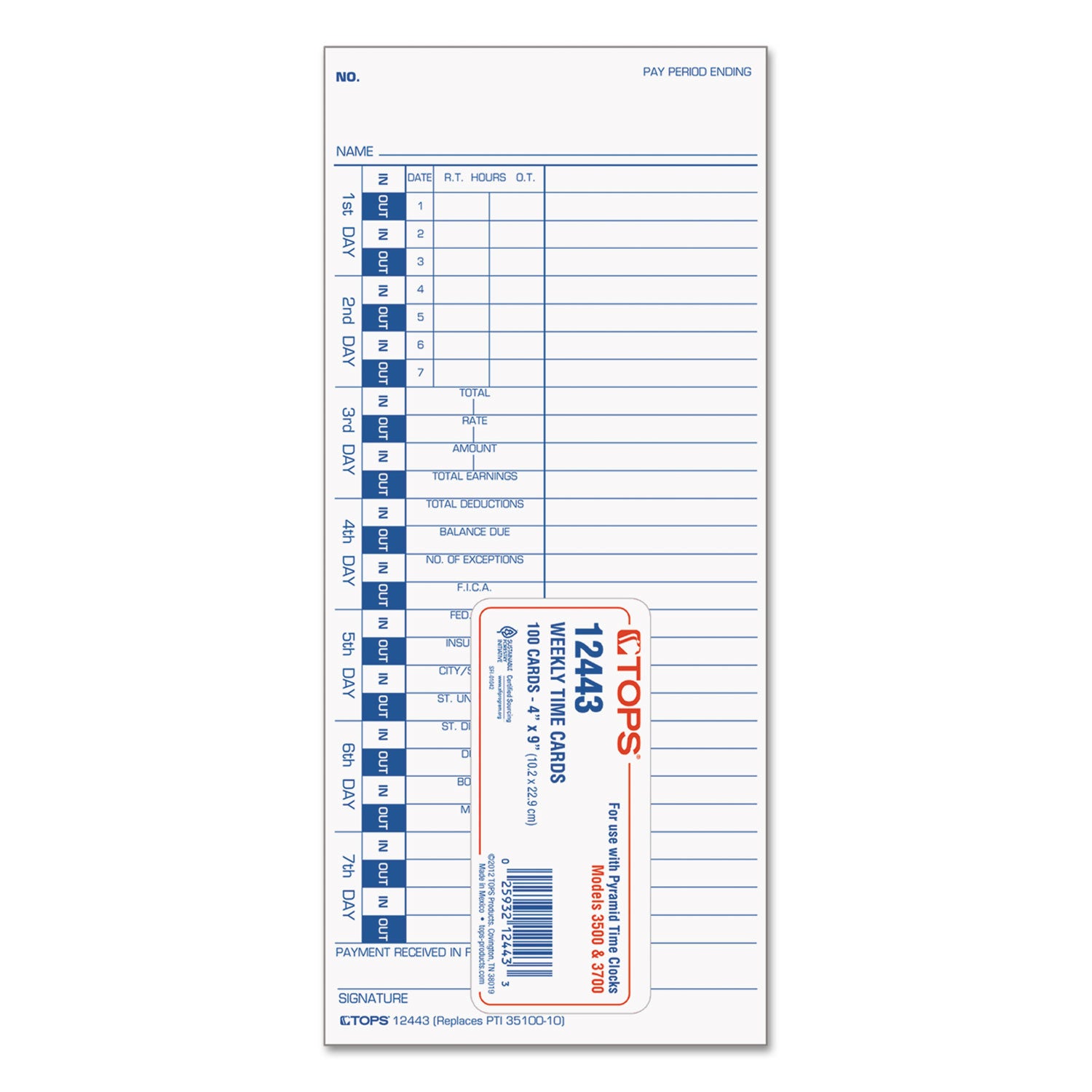 Time Clock Cards, Replacement for 35100-10, One Side, 4 x 9, 100/Pack - 