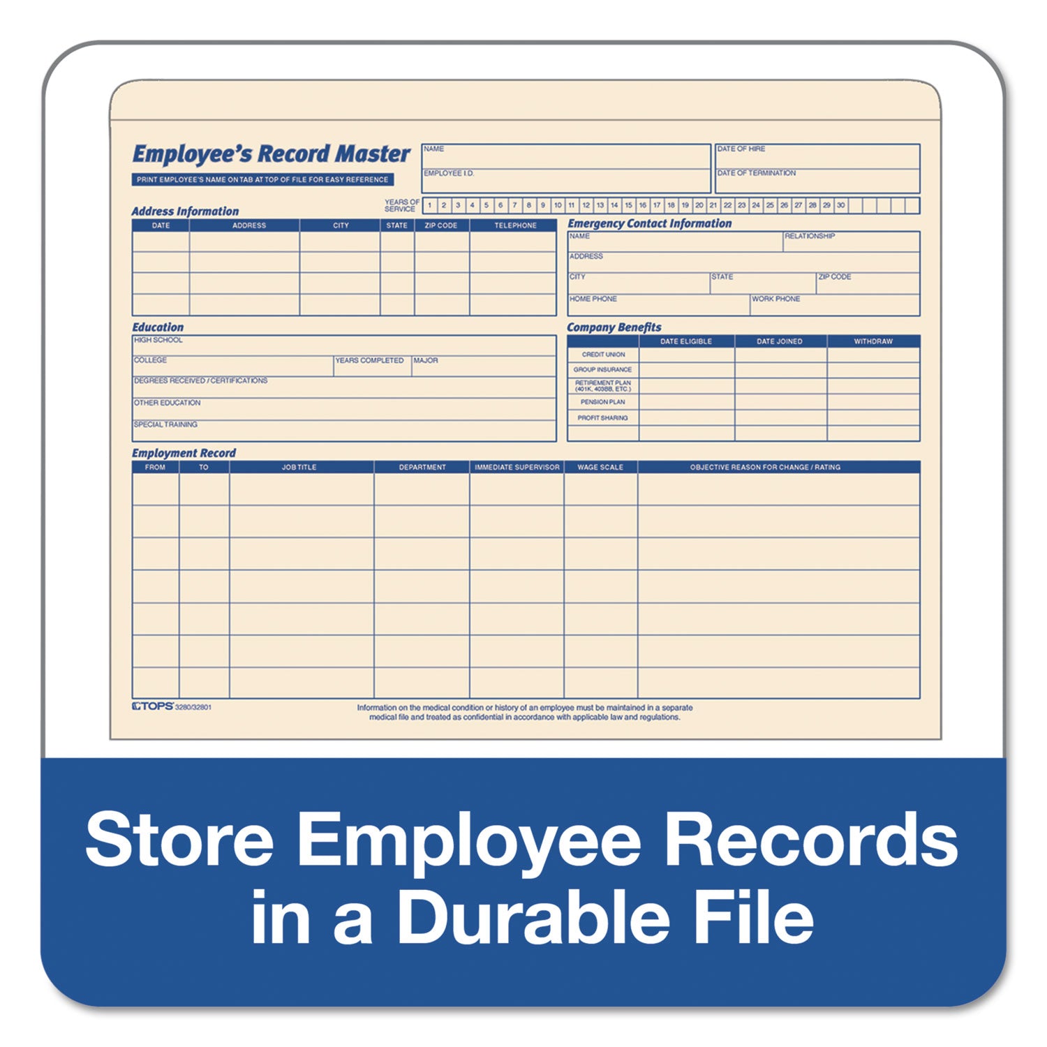 Employee Record Master File Jacket, Straight Tab, Letter Size, Manila, 20/Pack - 
