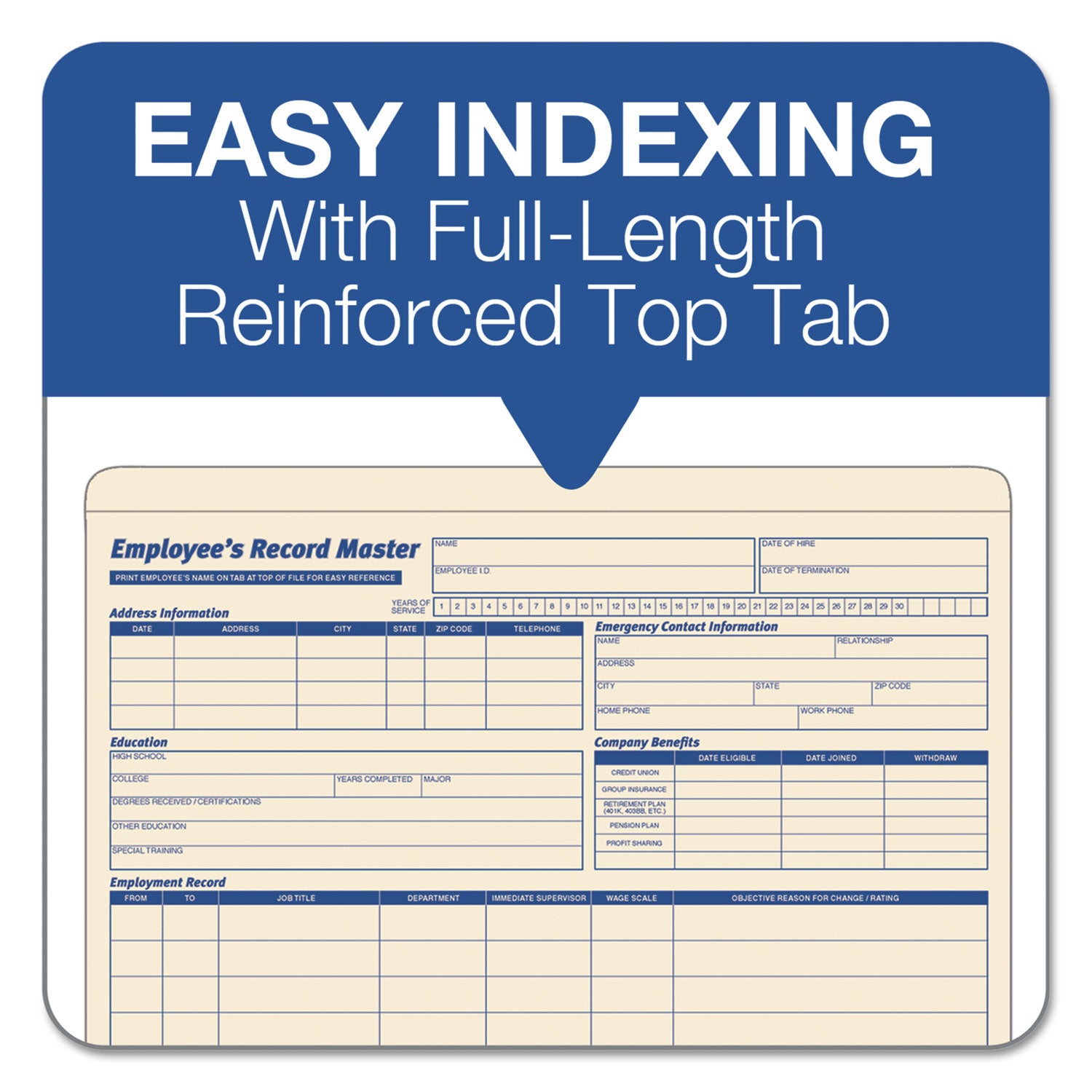 Employee Record Master File Jacket, Straight Tab, Letter Size, Manila, 20/Pack - 