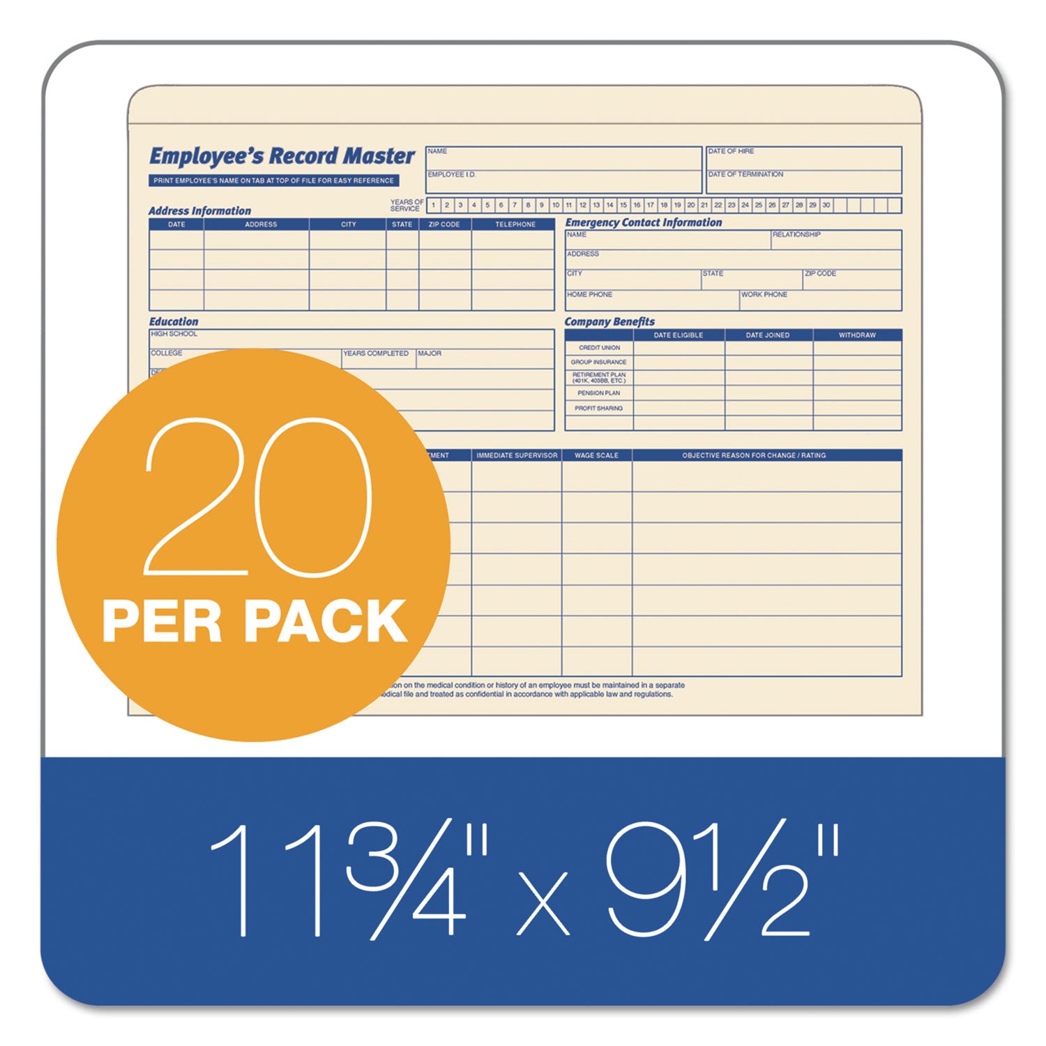 Employee Record Master File Jacket, Straight Tab, Letter Size, Manila, 20/Pack - 