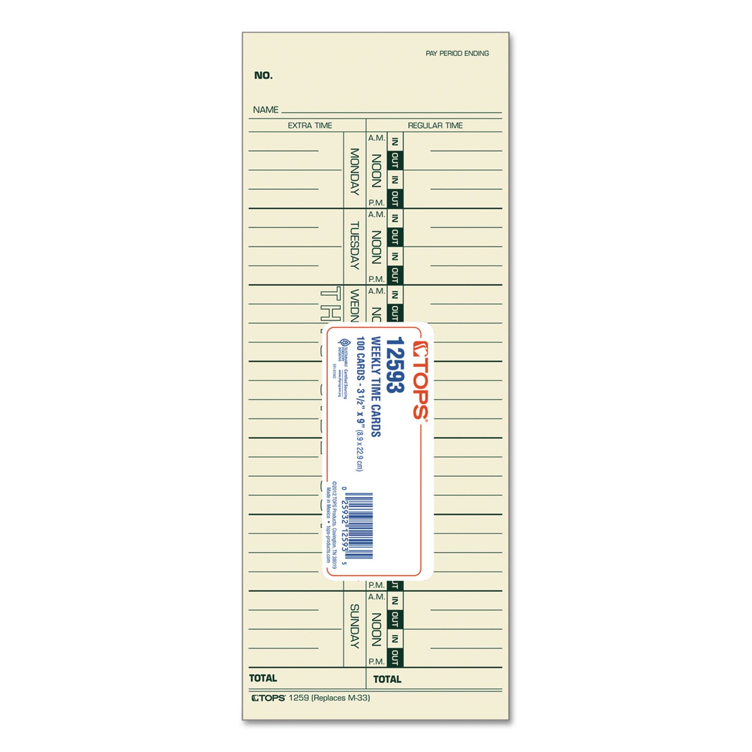 Time Clock Cards, Replacement for 10-800292/M-33, One Side, 3.5 x 9, 100/Pack - 