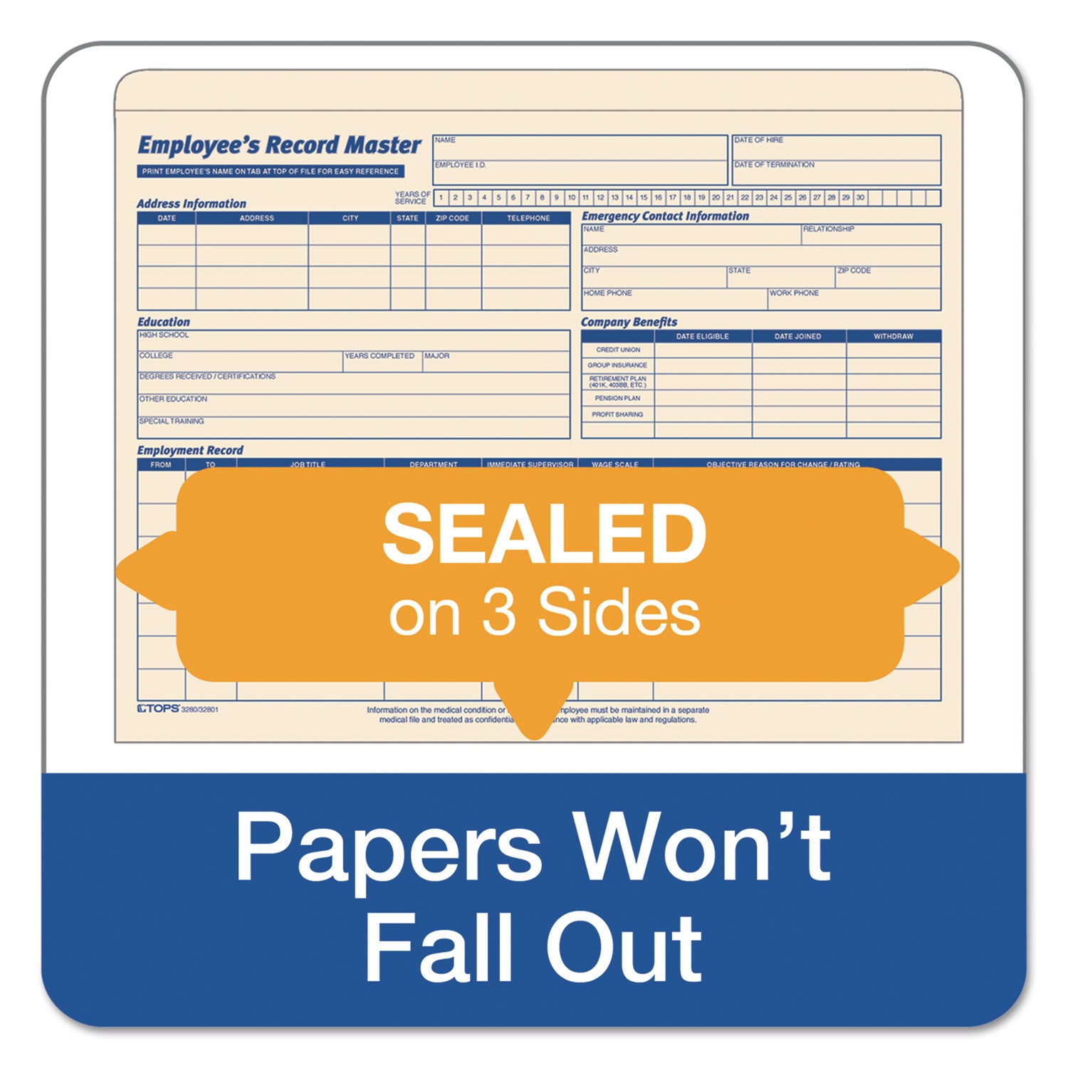 Employee Record Master File Jacket, Straight Tab, Letter Size, Manila, 20/Pack - 