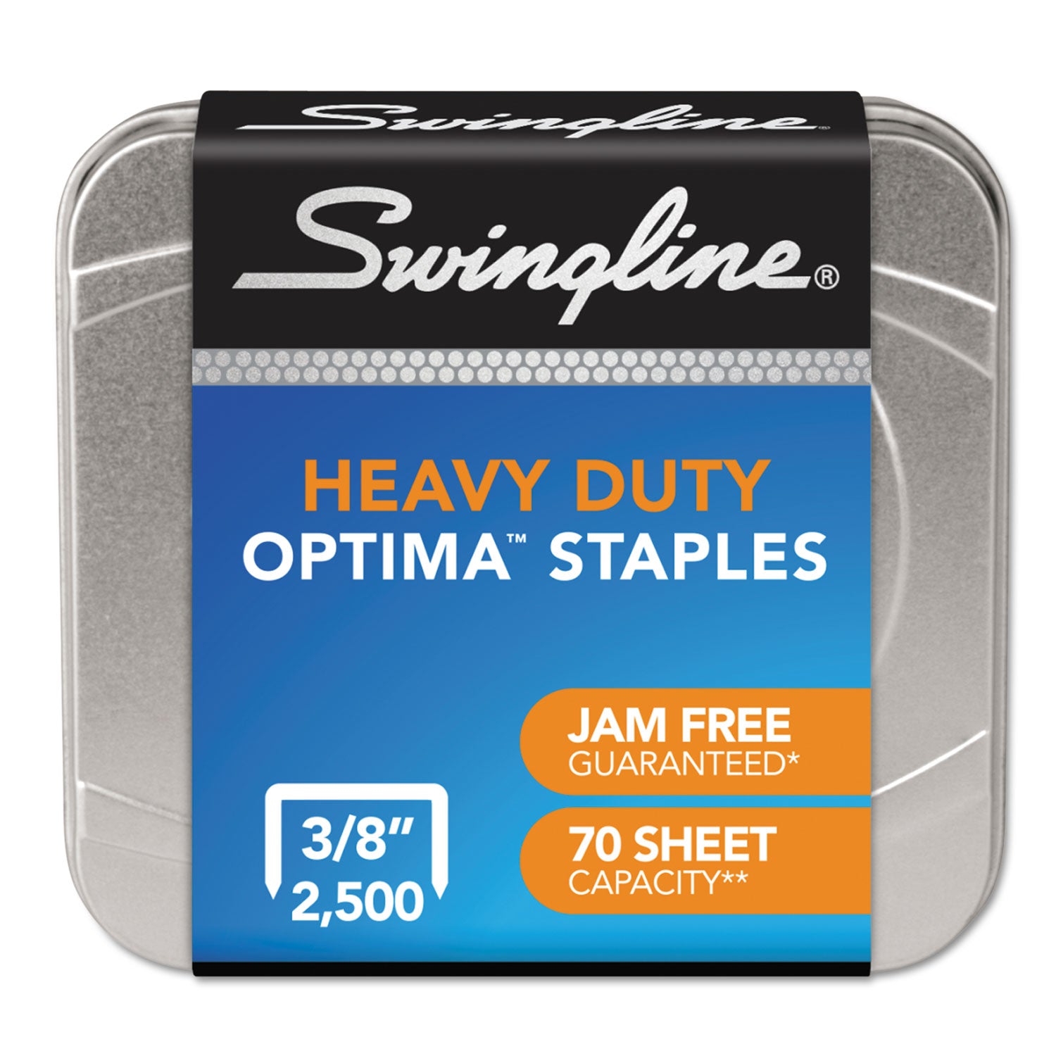 Optima High-Capacity Staples, 0.38" Leg, 0.5" Crown, Steel, 125/Strip, 20 Strips/Box - 