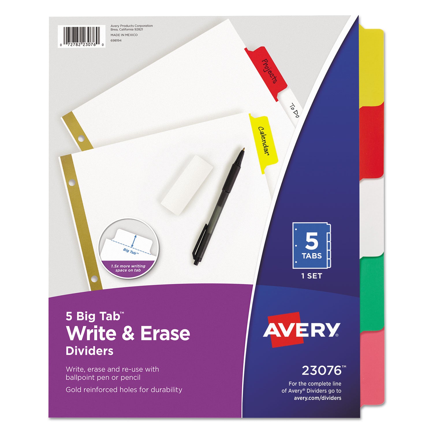 Write and Erase Big Tab Paper Dividers, 5-Tab, 11 x 8.5, White, Assorted Tabs, 1 Set - 