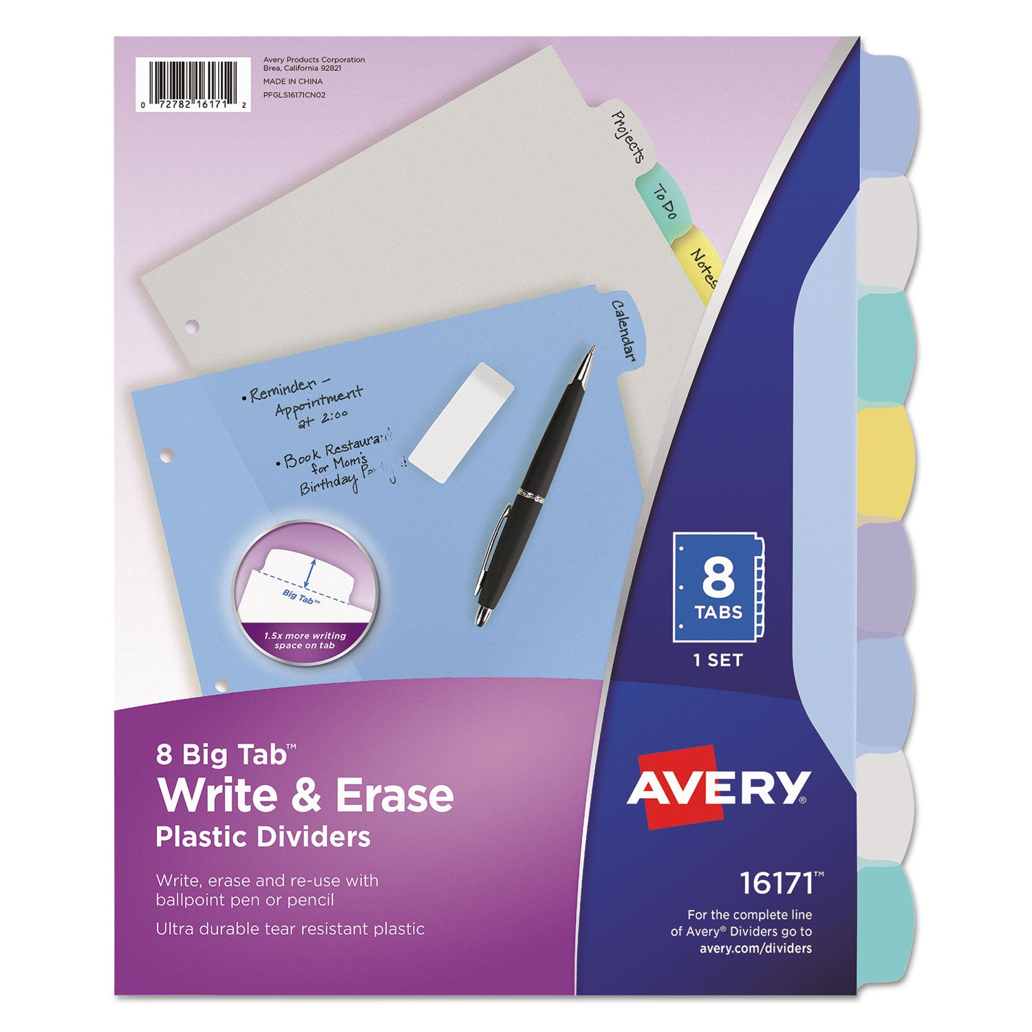 Write and Erase Big Tab Durable Plastic Dividers, 3-Hole Punched, 8-Tab, 11 x 8.5, Assorted, 1 Set - 