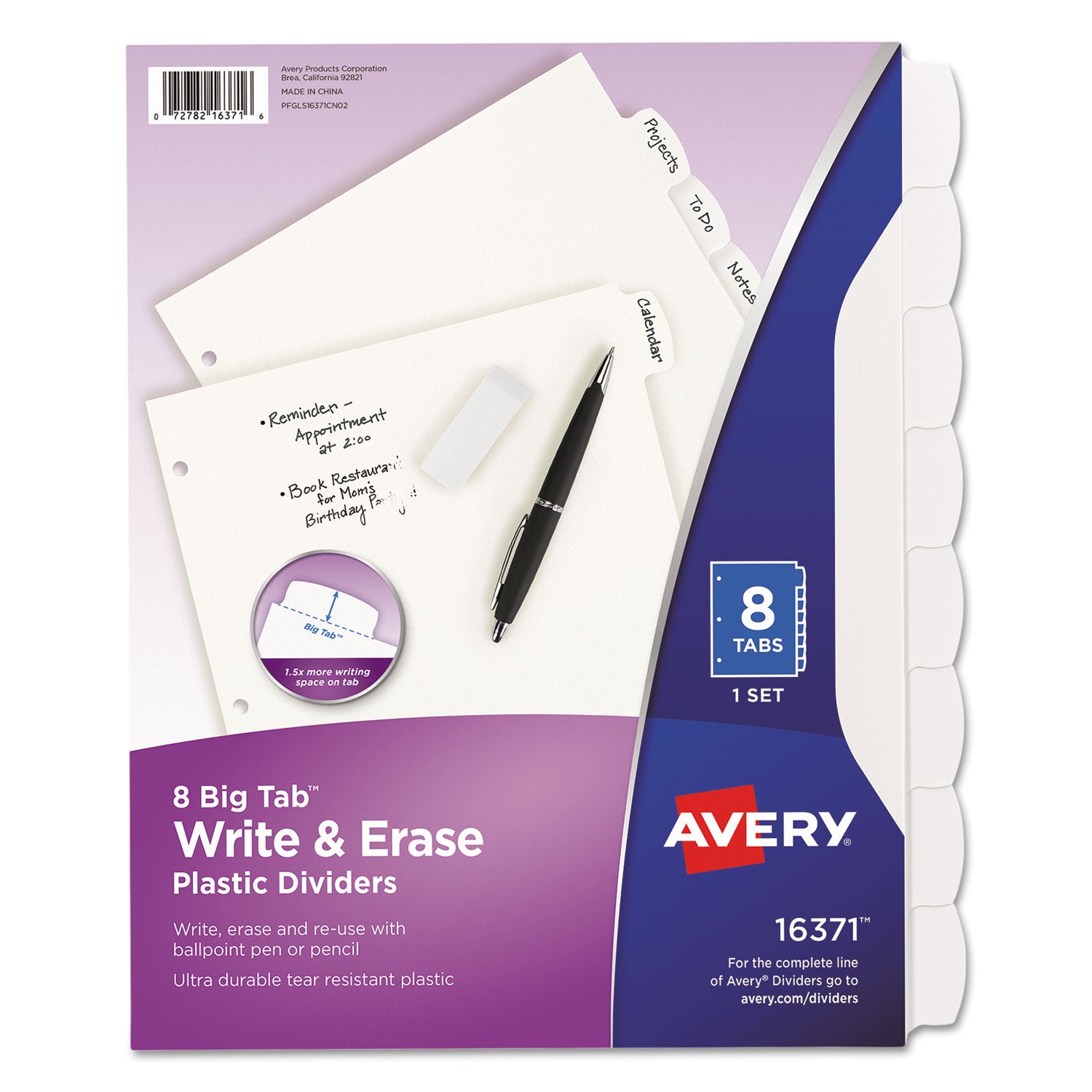 Write and Erase Big Tab Durable Plastic Dividers, 3-Hole Punched, 8-Tab, 11 x 8.5, White, 1 Set - 