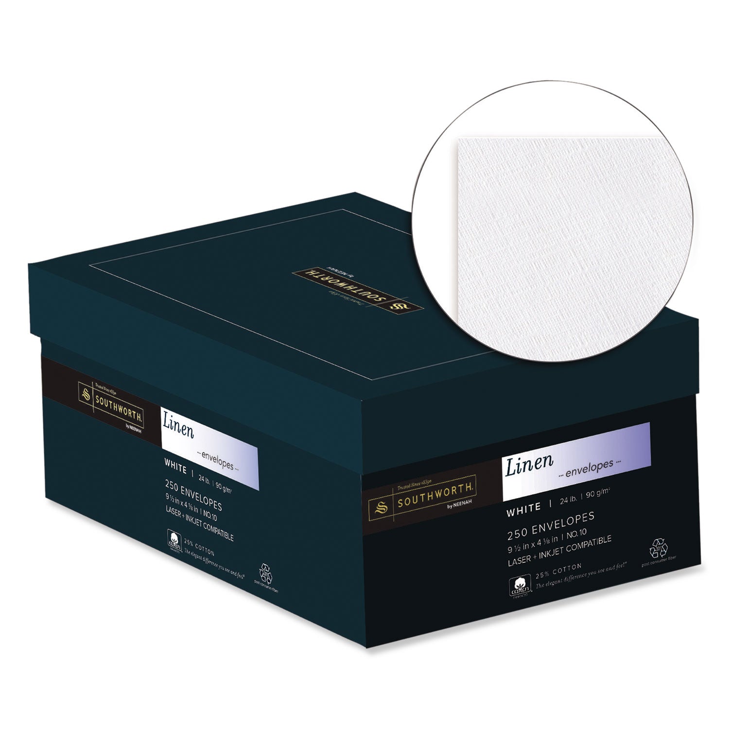 25% Cotton Linen #10 Envelope, Commercial Flap, Gummed Closure, 4.13 x 9.5, White, 250/Box - 