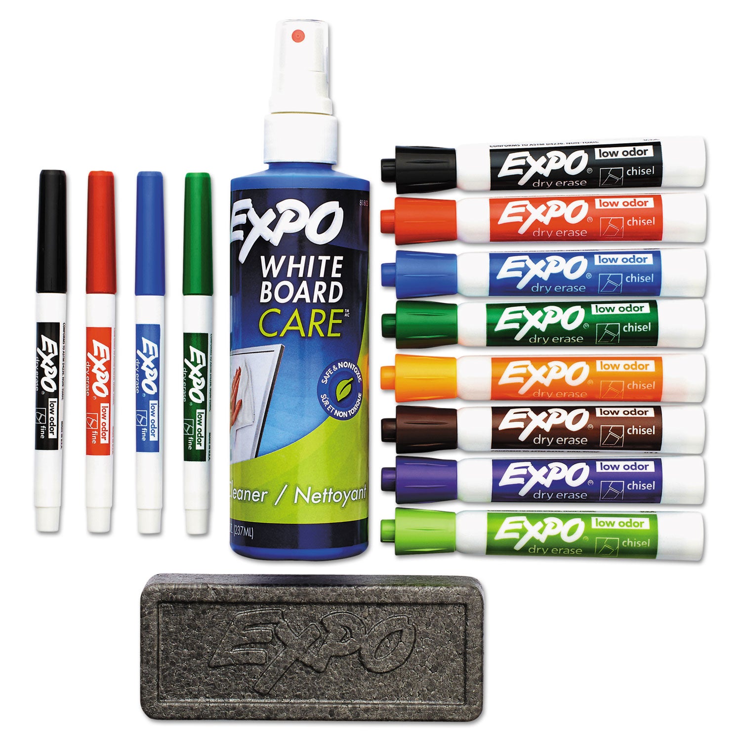 Low-Odor Dry Erase Marker, Eraser and Cleaner Kit, Medium Assorted Tips, Assorted Colors, 12/Set - 