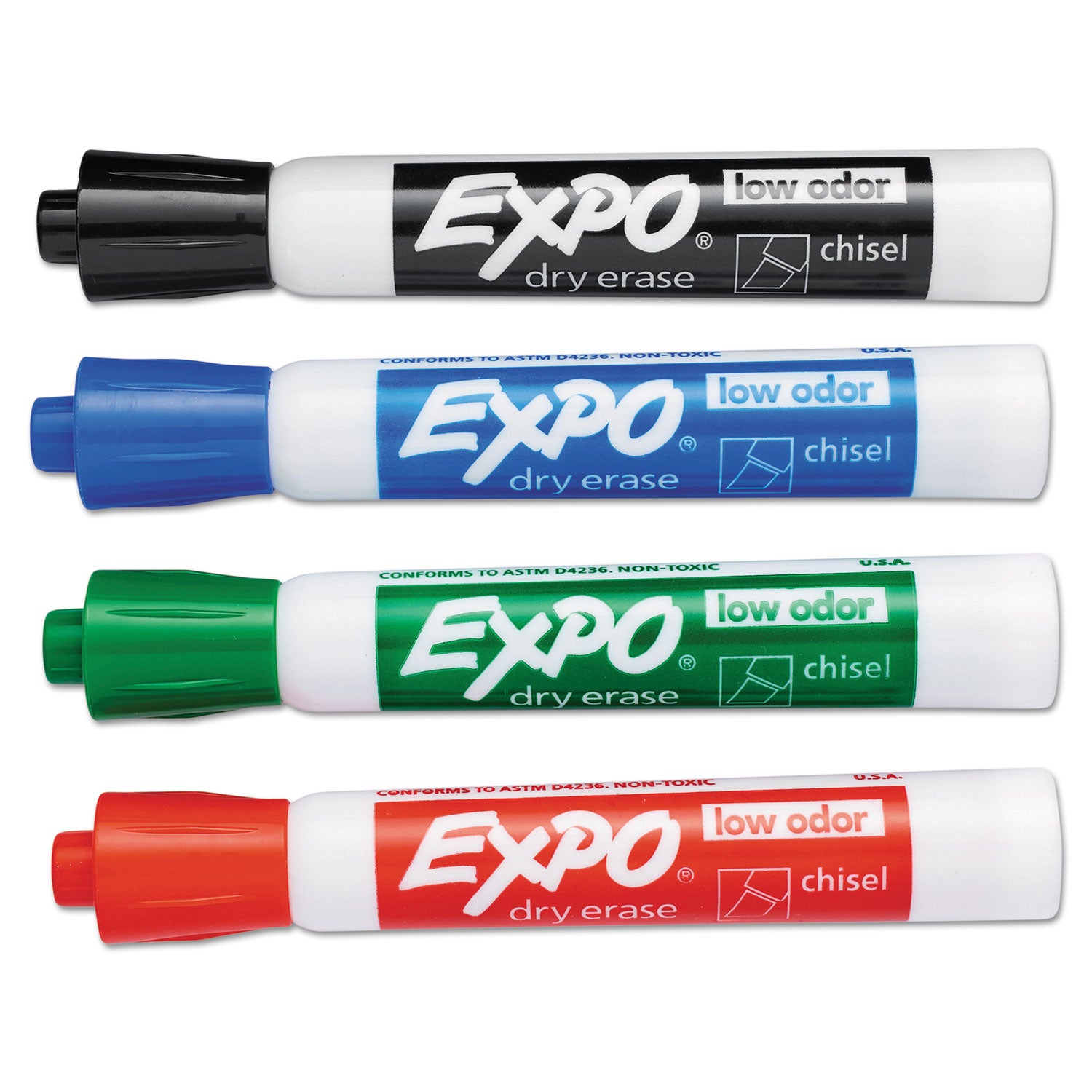 Low-Odor Dry-Erase Marker, Broad Chisel Tip, Assorted Colors, 4/Set - 