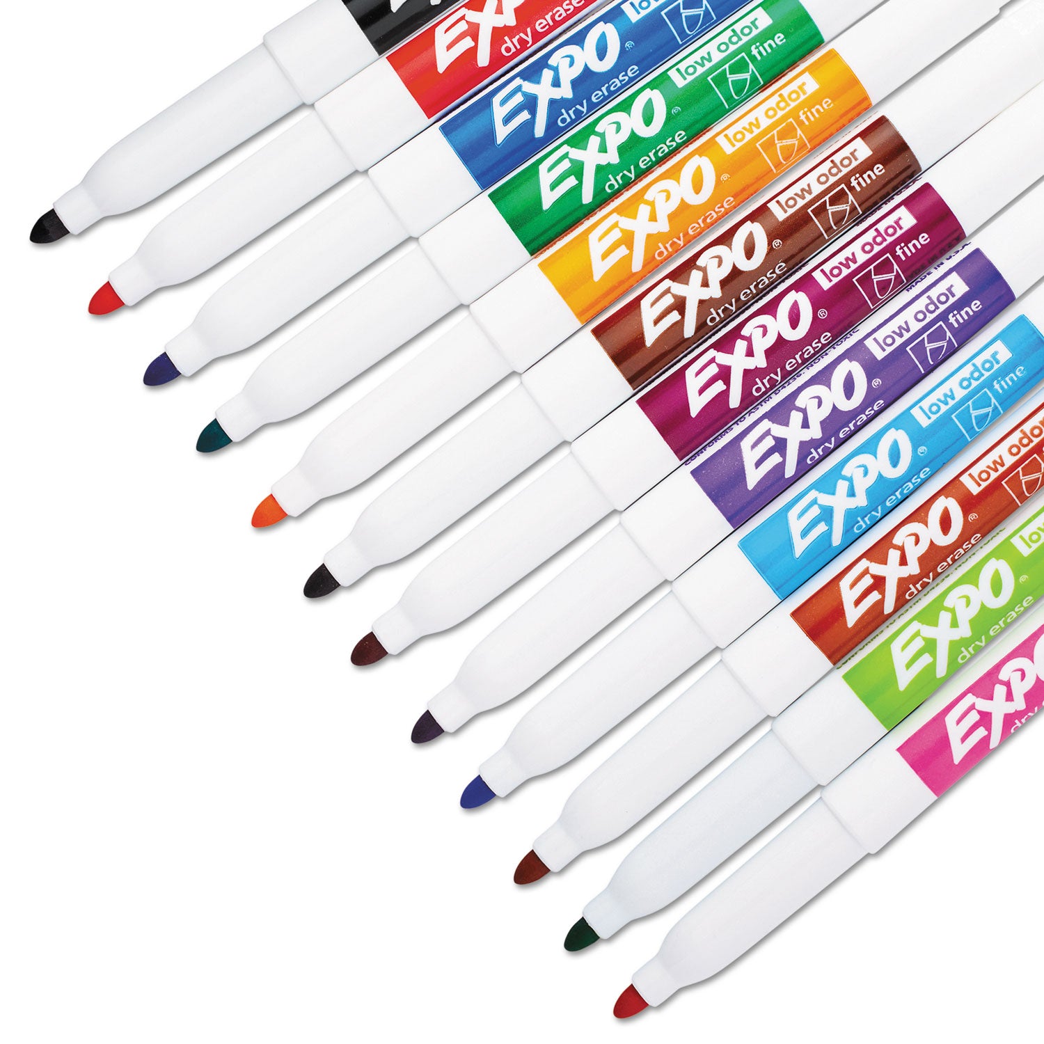 Low-Odor Dry-Erase Marker, Fine Bullet Tip, Assorted Colors, 12/Set - 