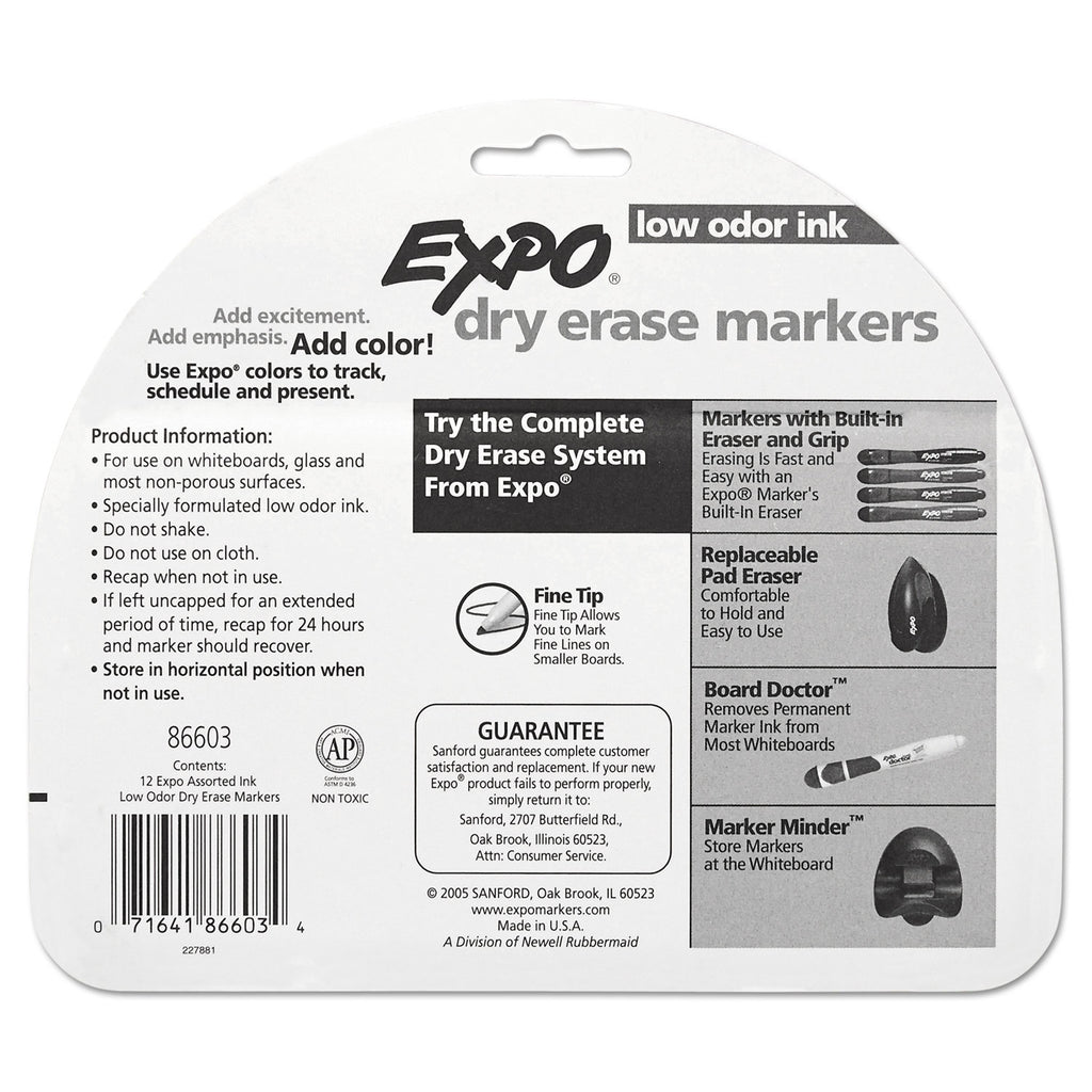 Low-Odor Dry-Erase Marker, Fine Bullet Tip, Assorted Colors, 12/Set