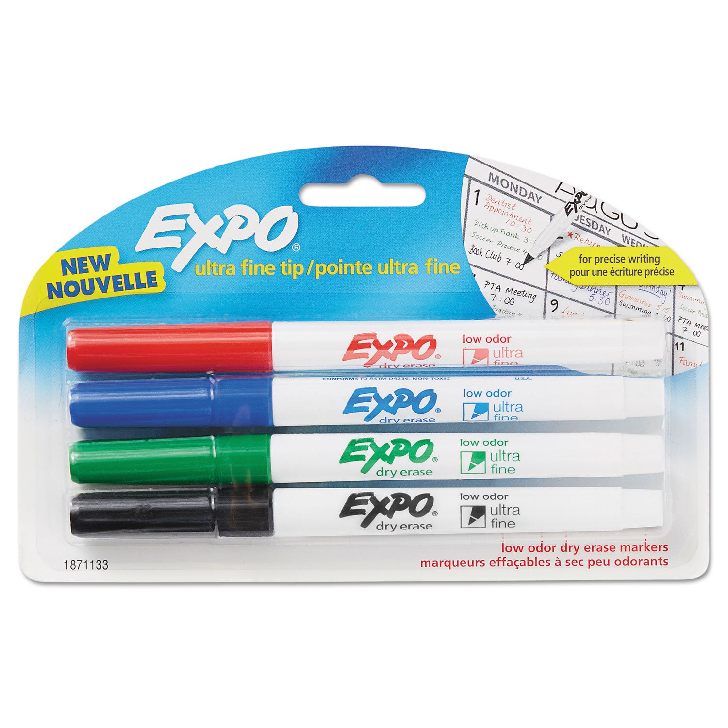 Low-Odor Dry-Erase Marker, Extra-Fine Bullet Tip, Assorted Colors, 4/Pack - 