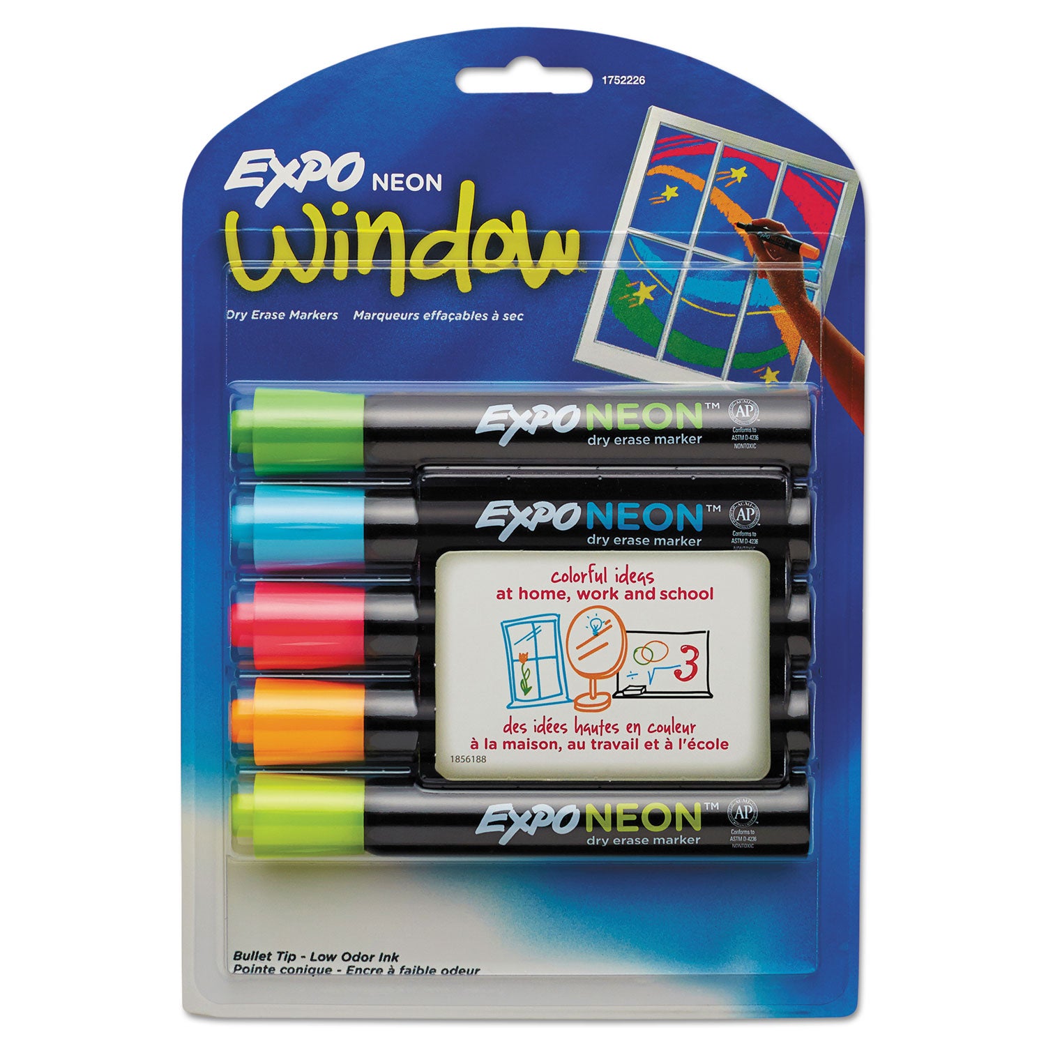 Neon Windows Dry Erase Marker, Broad Bullet Tip, Assorted Colors, 5/Pack - 