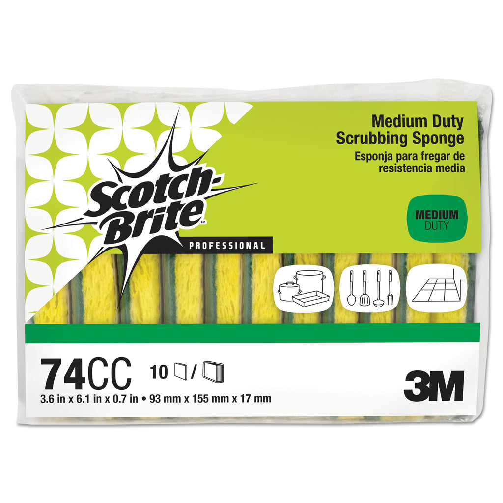 Medium-Duty Scrubbing Sponge, 3.6 x 6.1, 0.7" Thick, Yellow/Green, 10/Pack