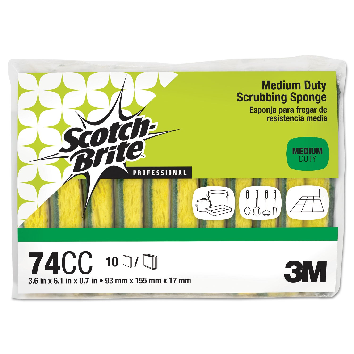 Medium-Duty Scrubbing Sponge, 3.6 x 6.1, 0.7" Thick, Yellow/Green, 10/Pack