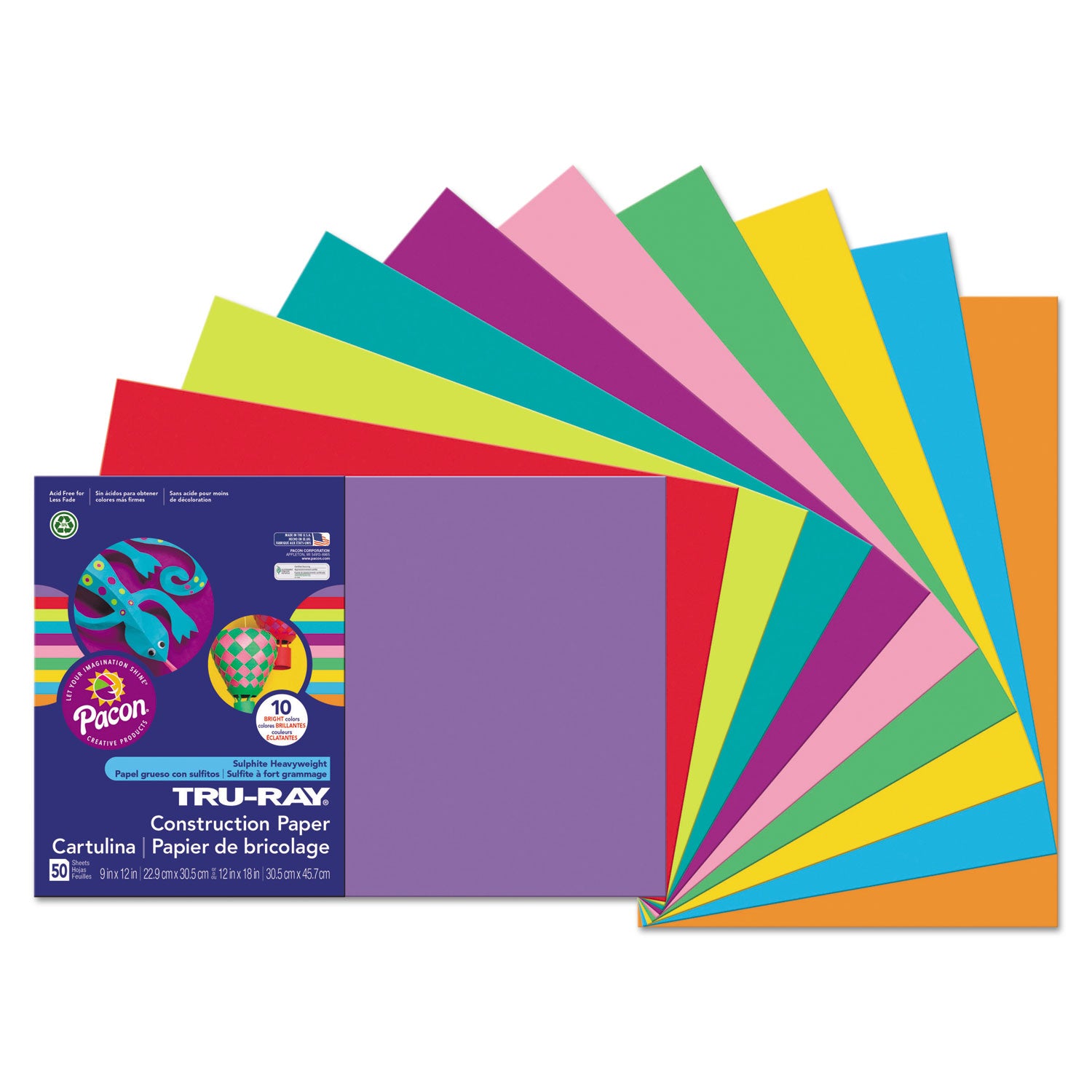 Tru-Ray Construction Paper, 76 lb Text Weight, 12 x 18, Assorted Bright Colors, 50/Pack - 